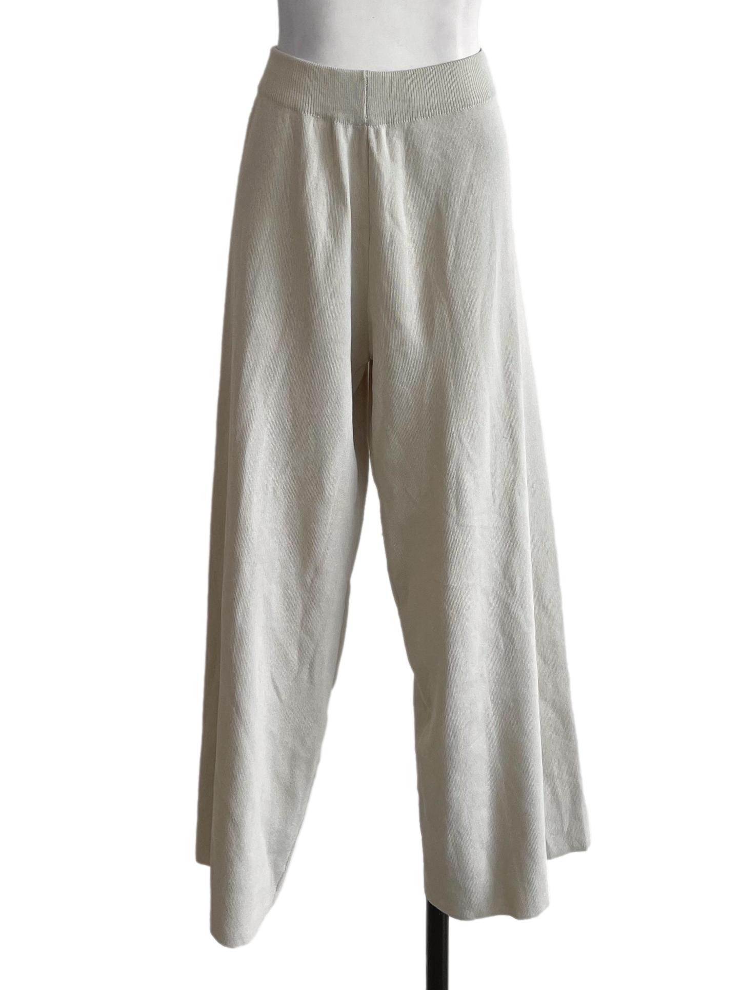 Beige Ribbed Wide Leg Pants
