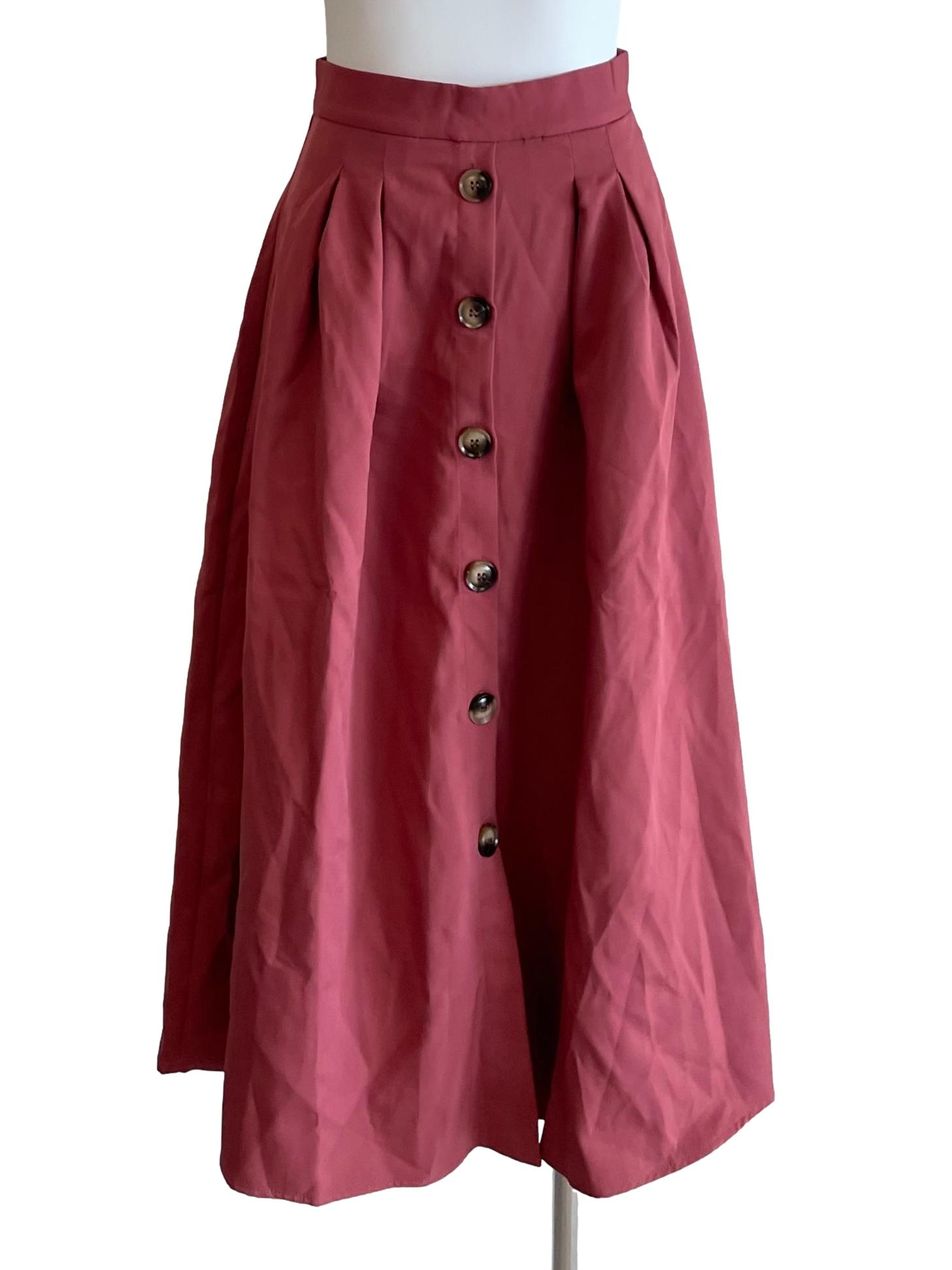 Dark Blush Pleated Button Skirt