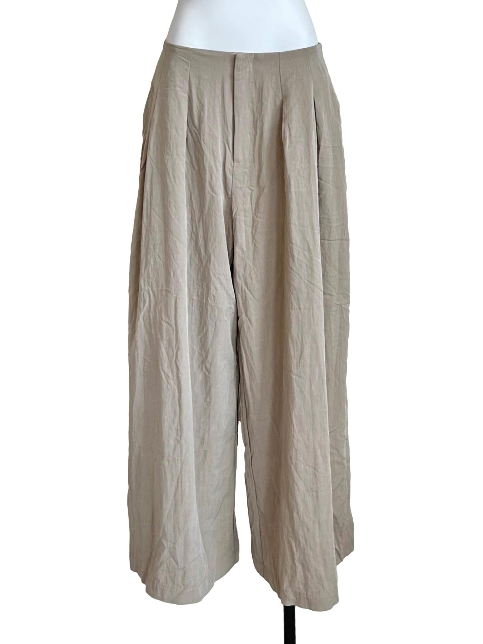 Beige Pleated Wide-Leg Trousers