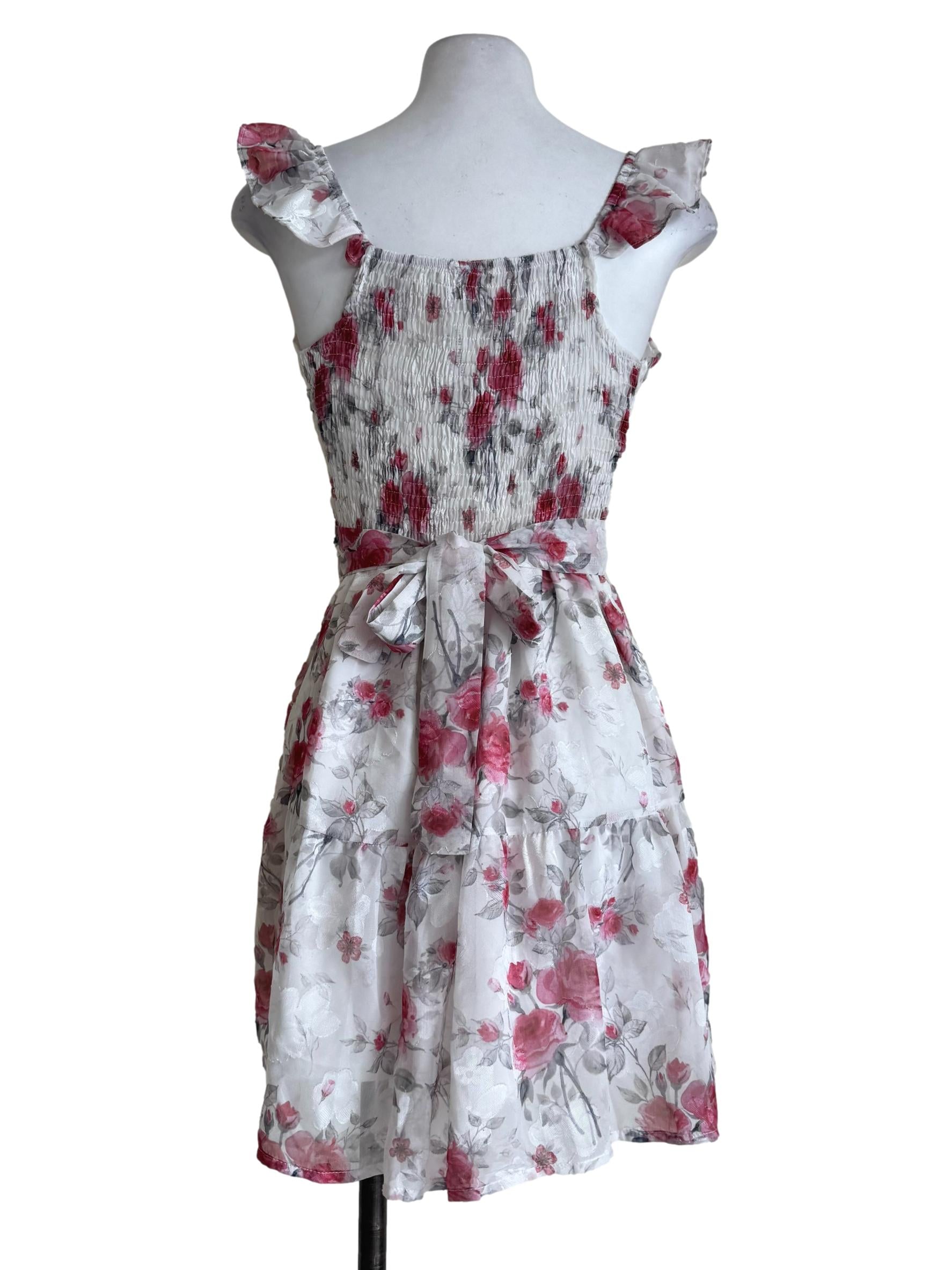Embroidery White With Red Prints Padded Dress