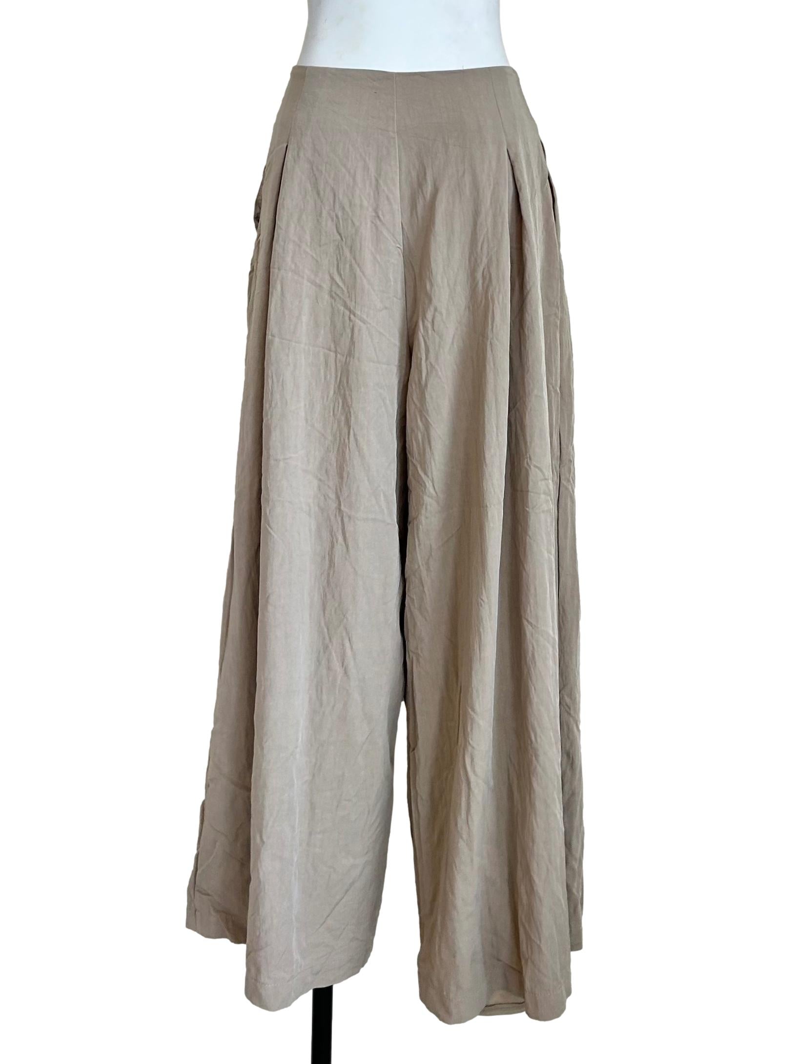 Beige Pleated Wide-Leg Trousers