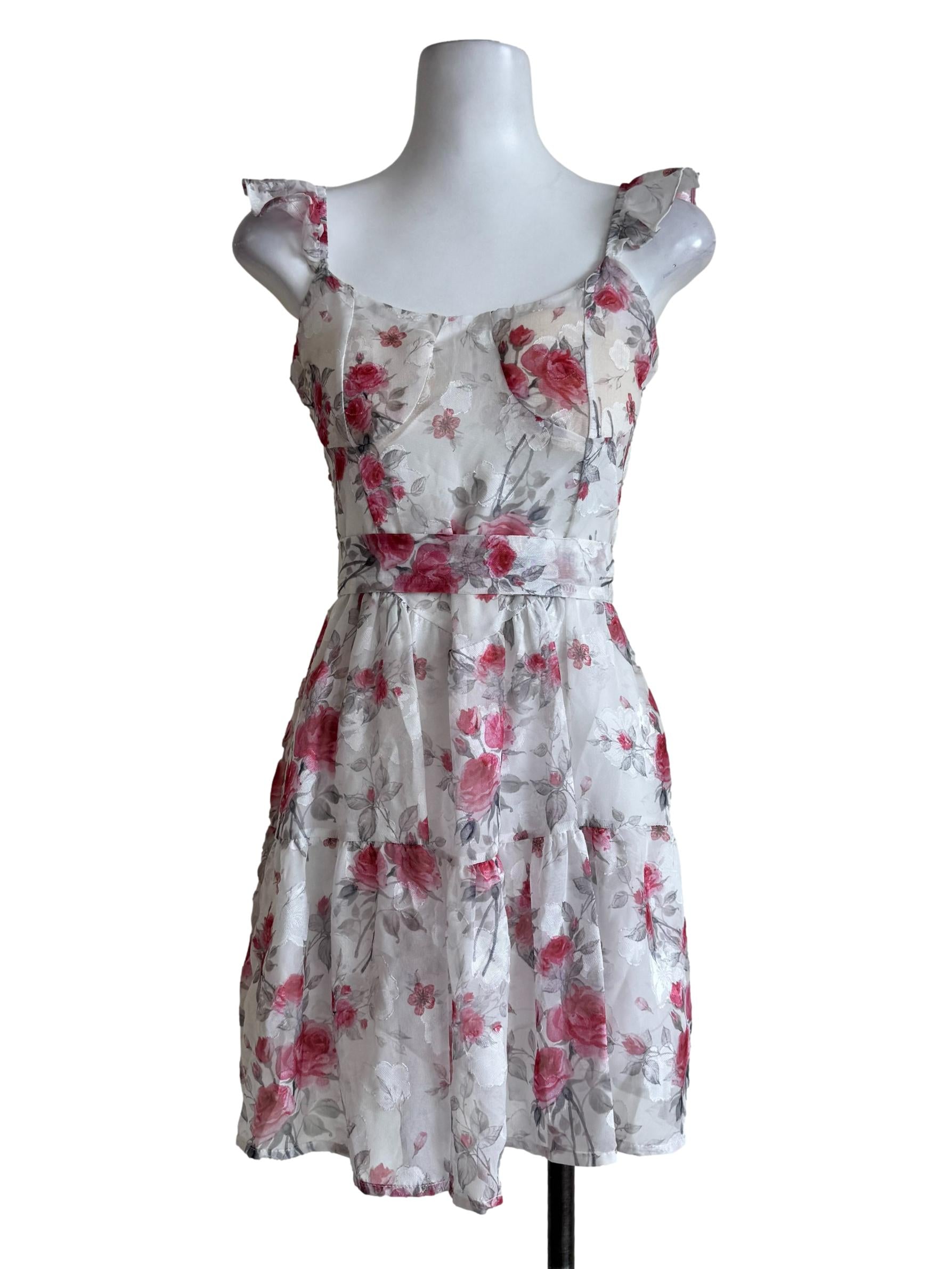 Embroidery White With Red Prints Padded Dress