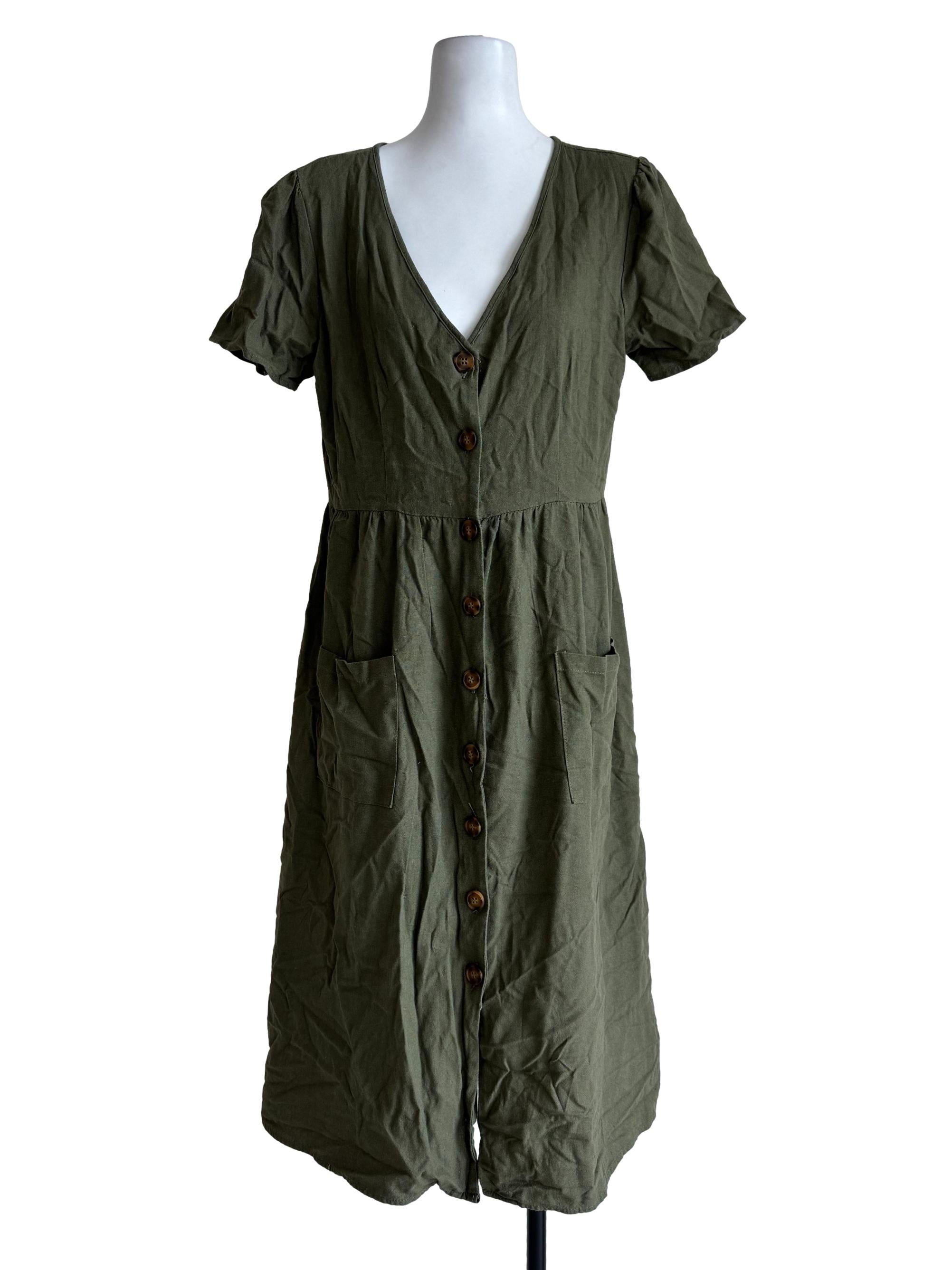 Forest Green V Neck Short Sleeve Dress