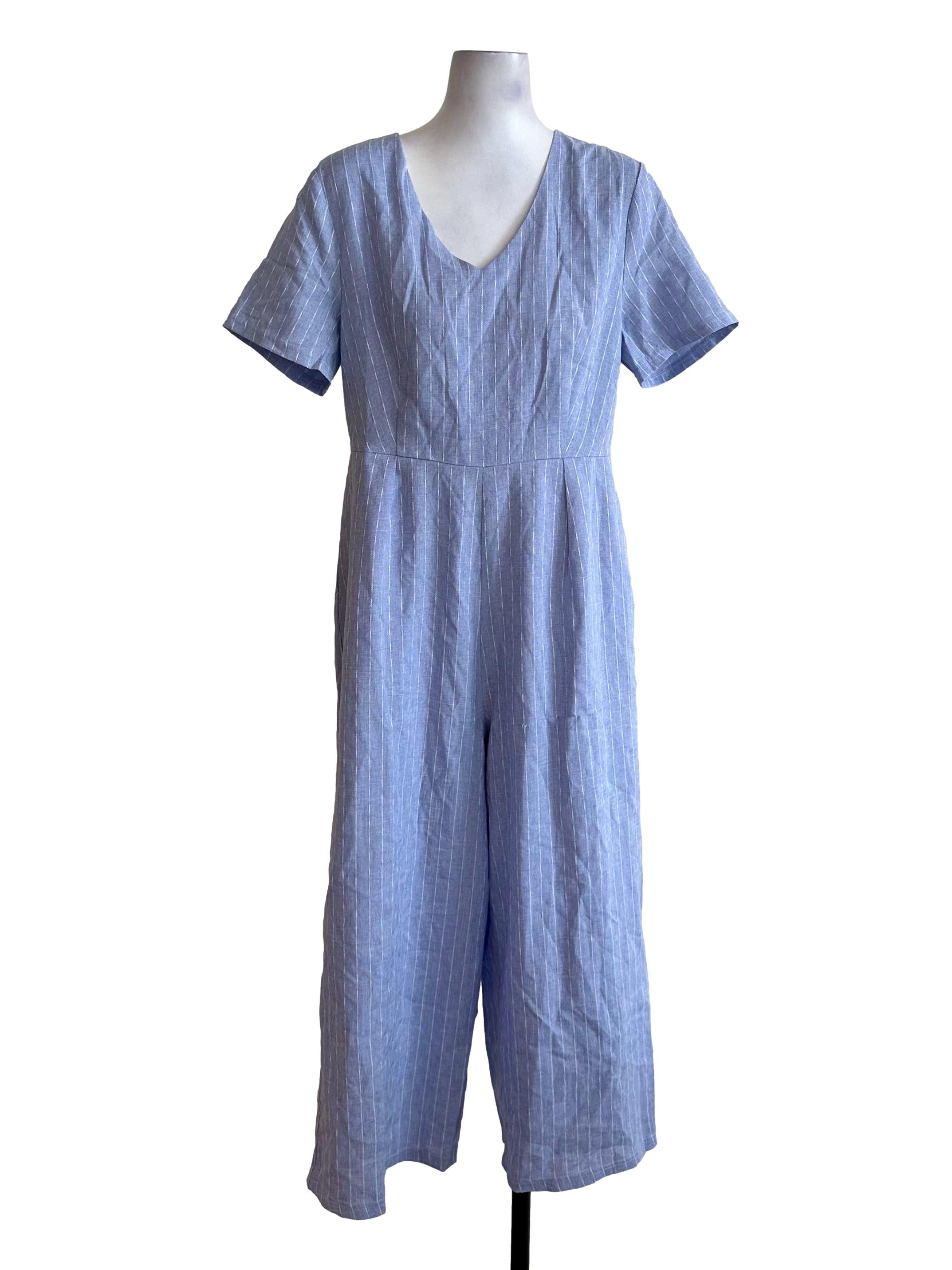 Sky Blue Stripe Textured V Neck Jumpsuit
