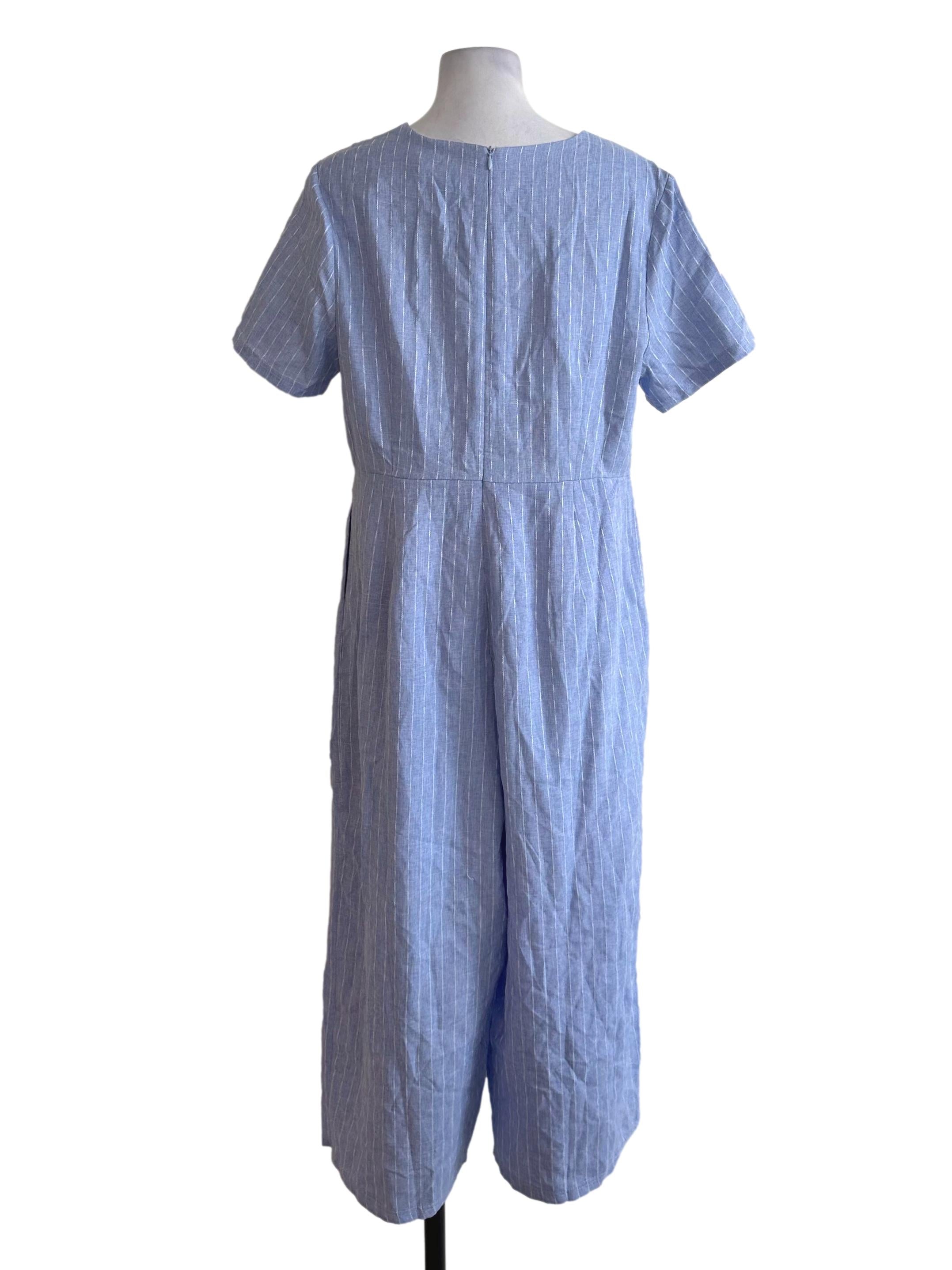 Sky Blue Stripe Textured V Neck Jumpsuit