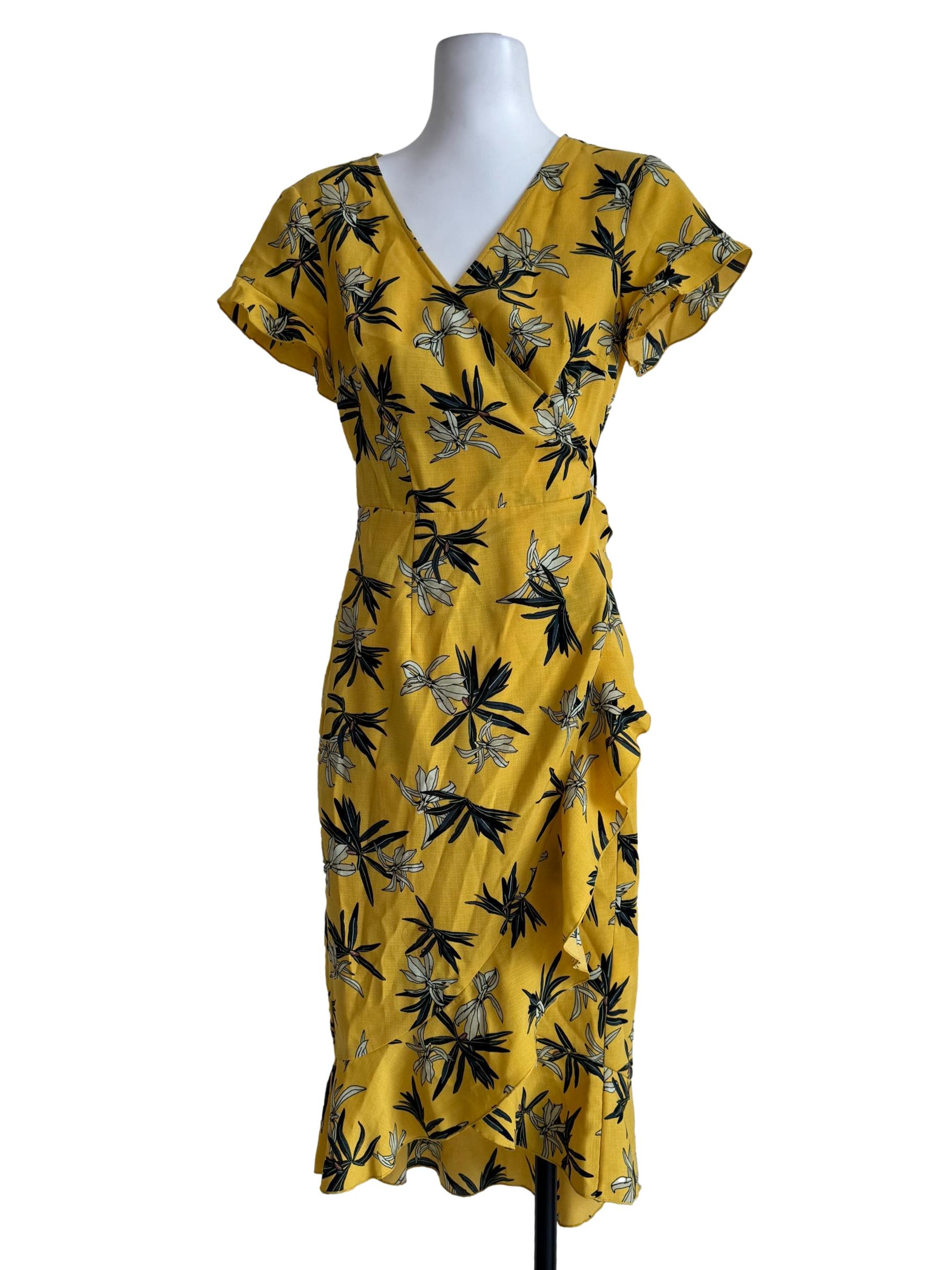 Pineapple Yellow With Prints Wrap Dress