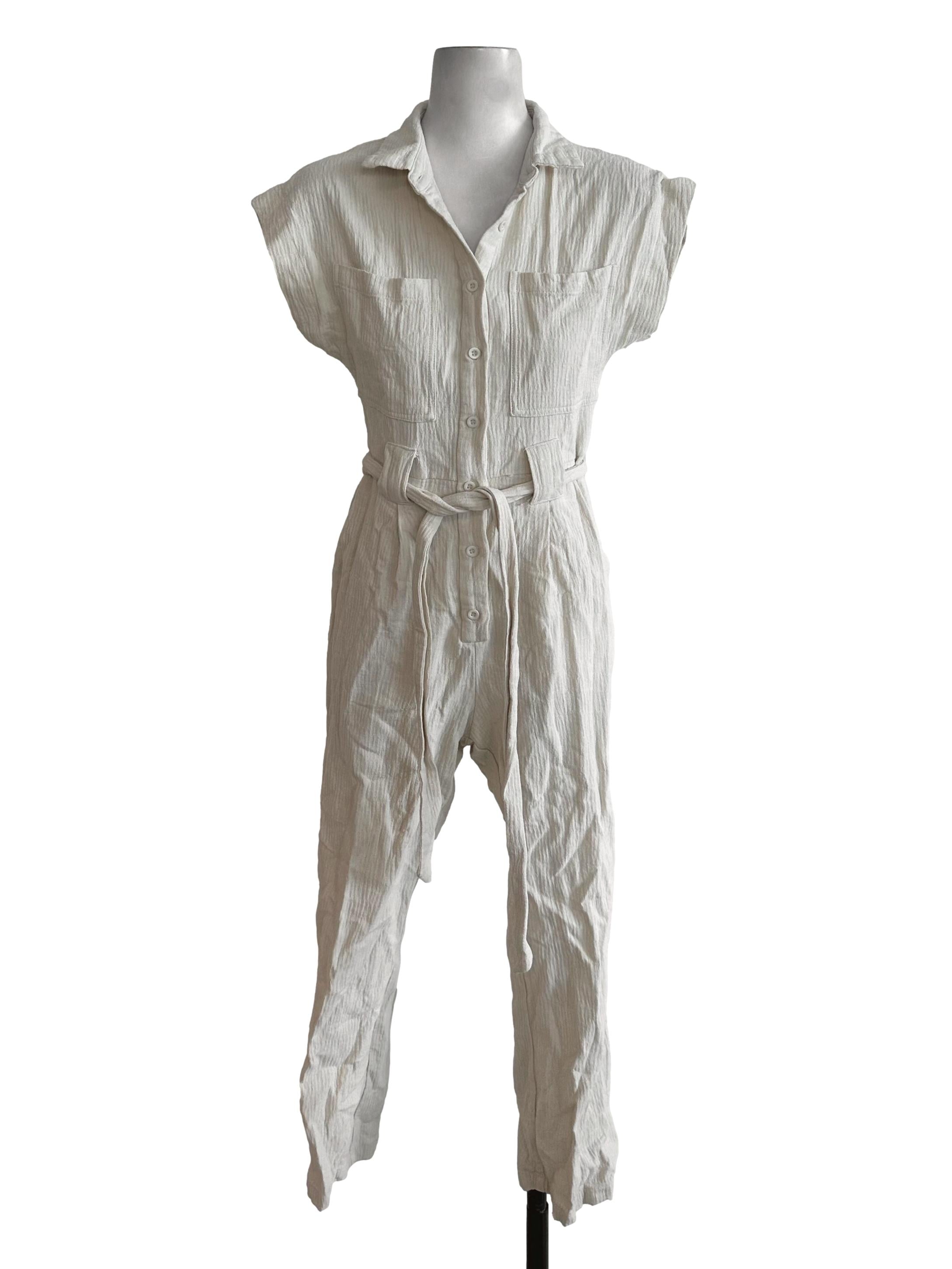 Cream Beige Collar Textured Jumpsuit LB