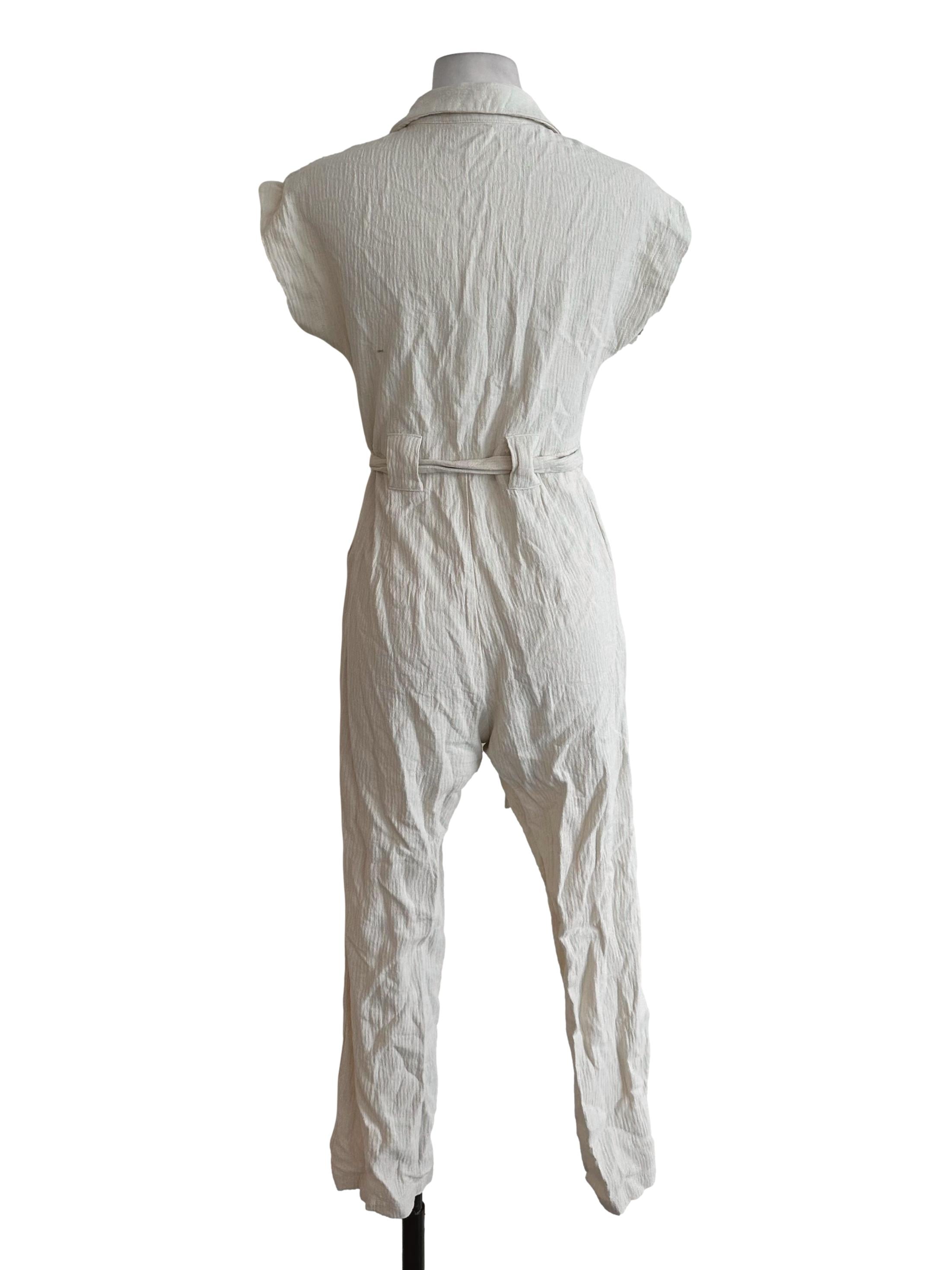 Cream Beige Collar Textured Jumpsuit LB