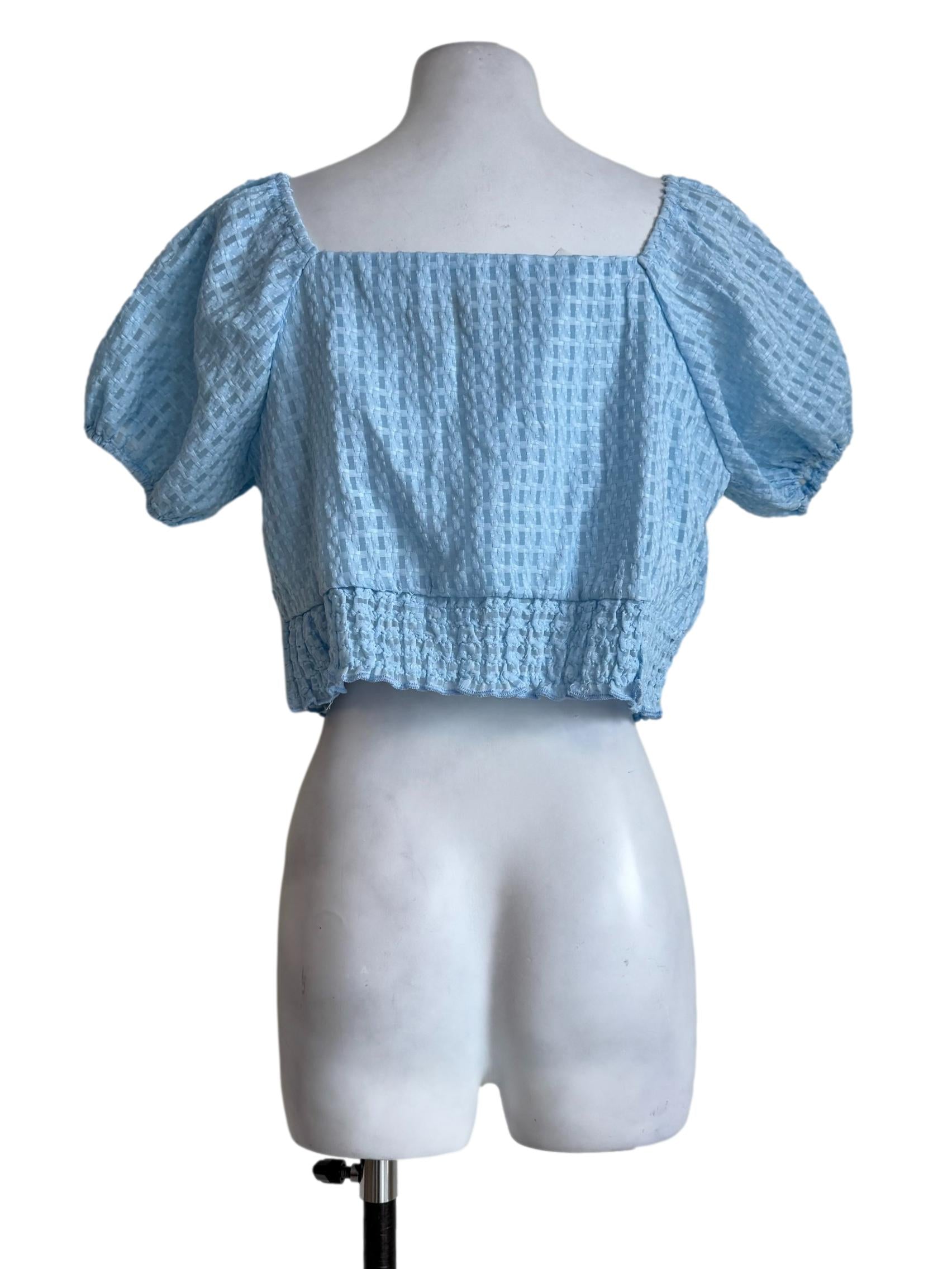 Textured Baby Blue Bubble Sleeve Crop Top