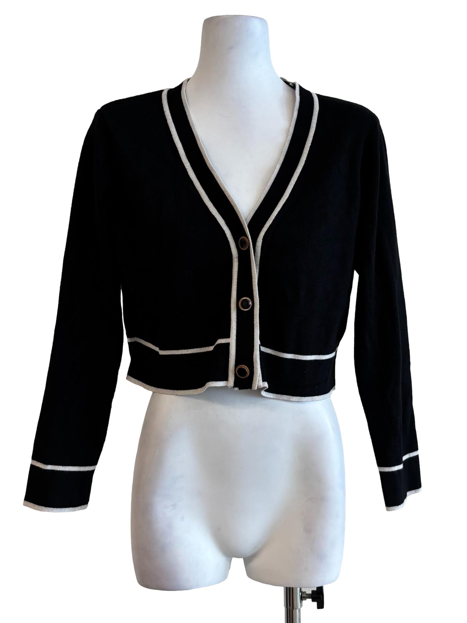 Black White Border Ribbed Cardigan