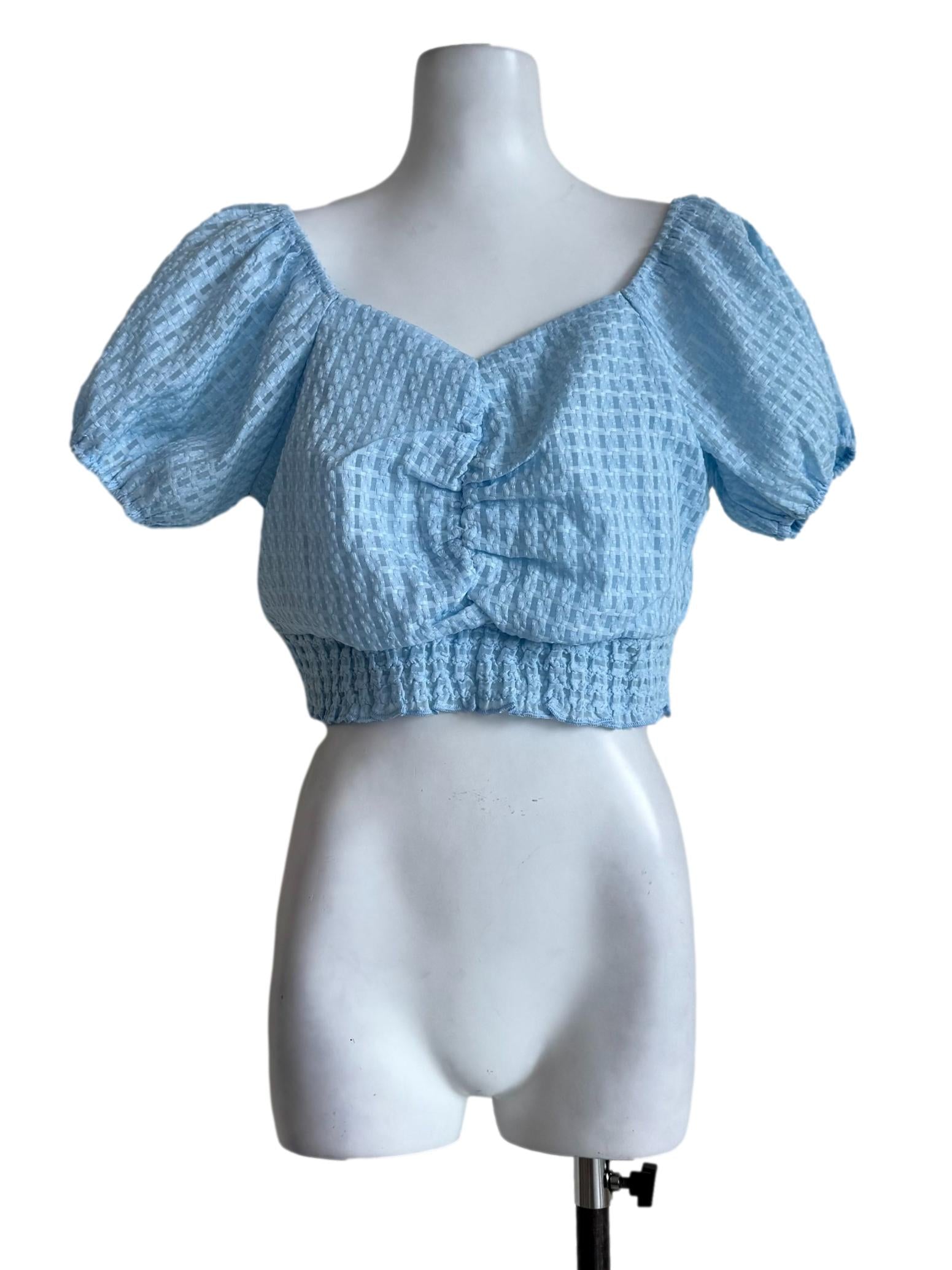 Textured Baby Blue Bubble Sleeve Crop Top