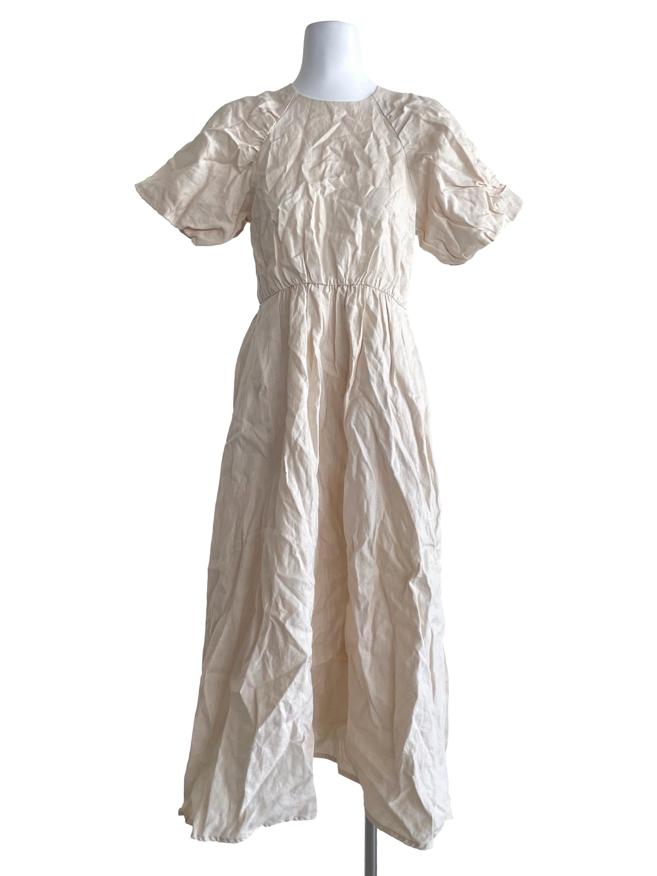 Linen Gathered Puff Sleeve Dress OSN