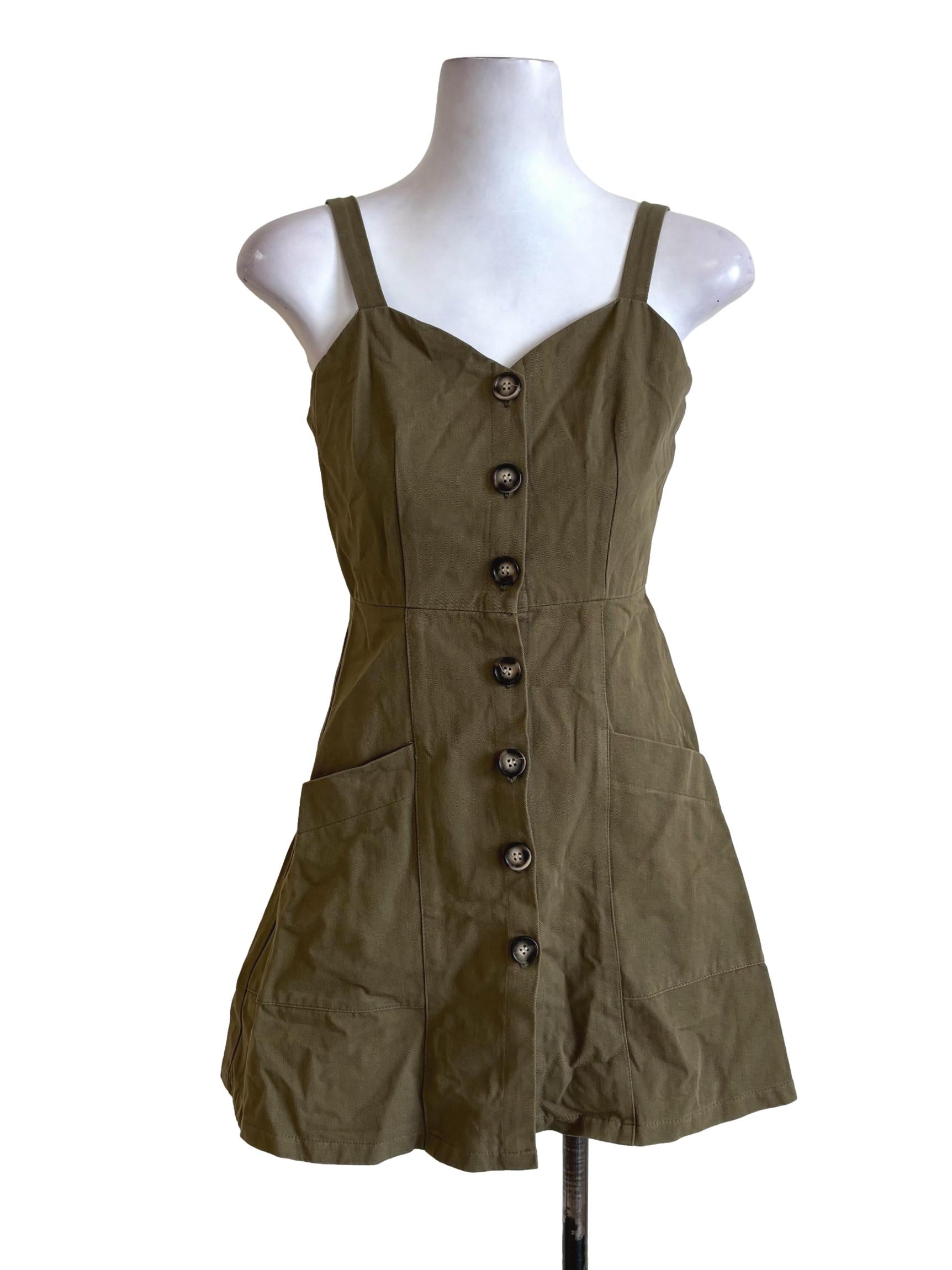 Army Green Cotton Buttoned A-Line Dress