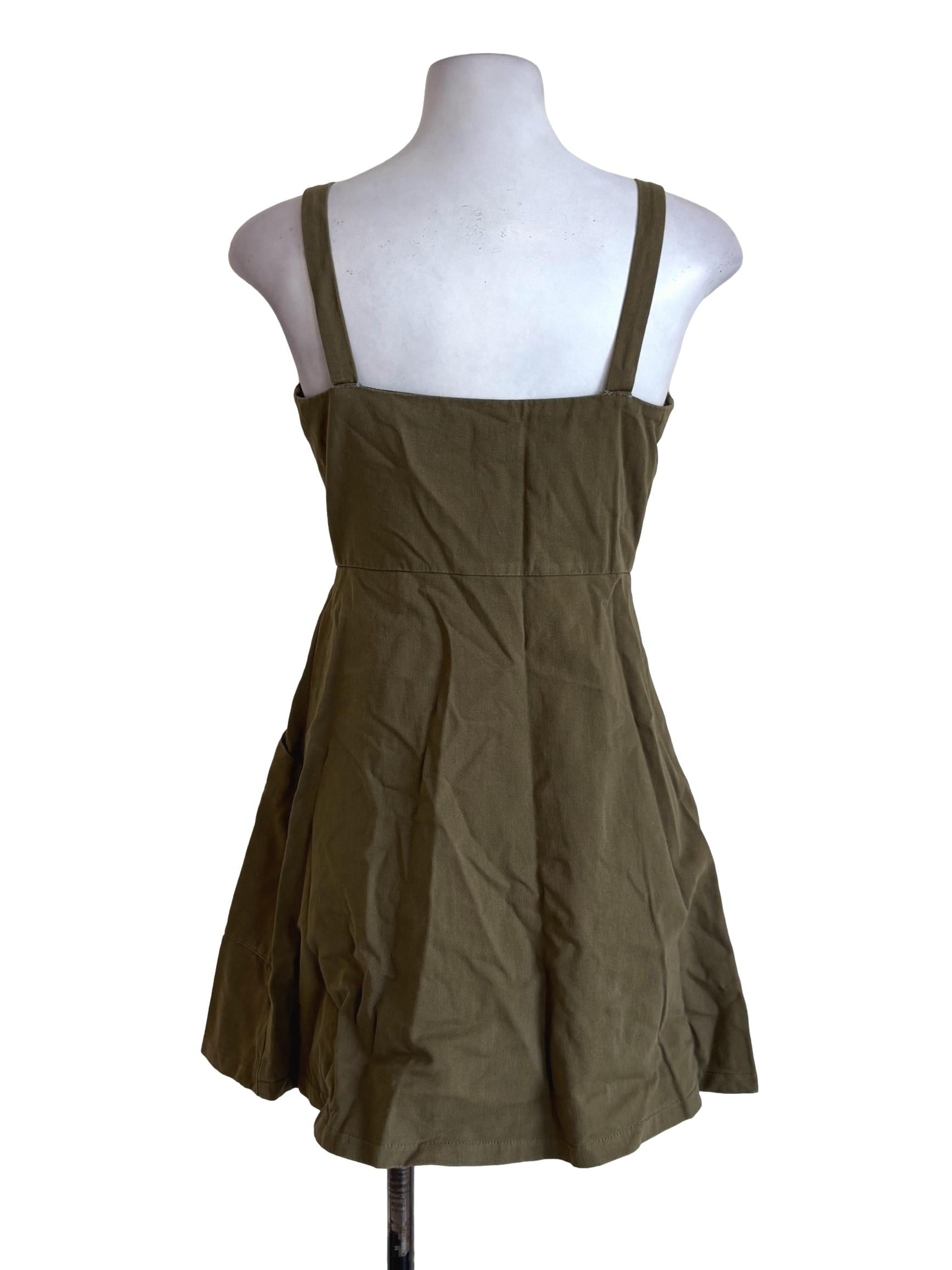 Army Green Cotton Buttoned A-Line Dress