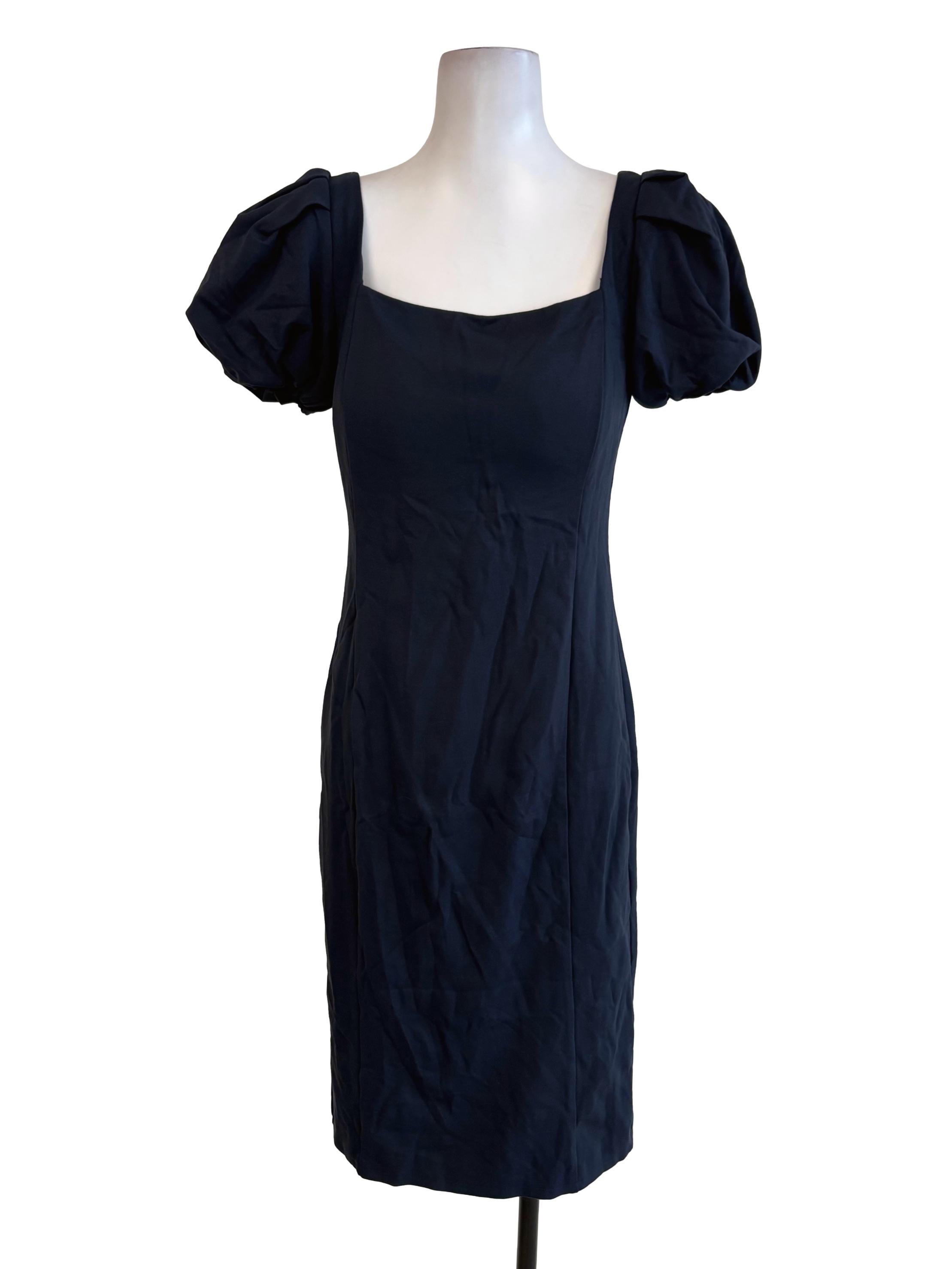 Navy Blue Padded Puffed Sleeves Sheath Dress