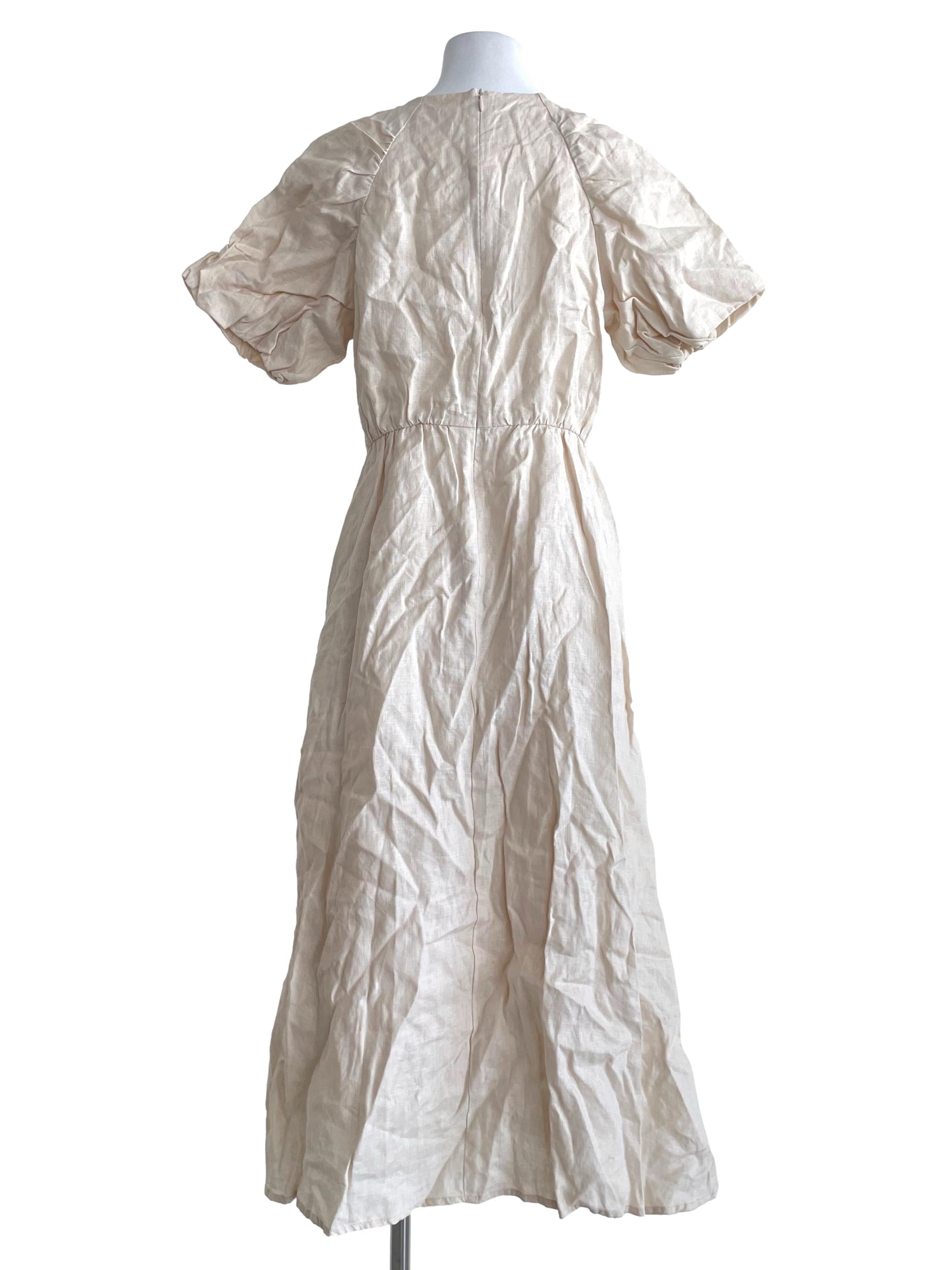 Linen Gathered Puff Sleeve Dress OSN