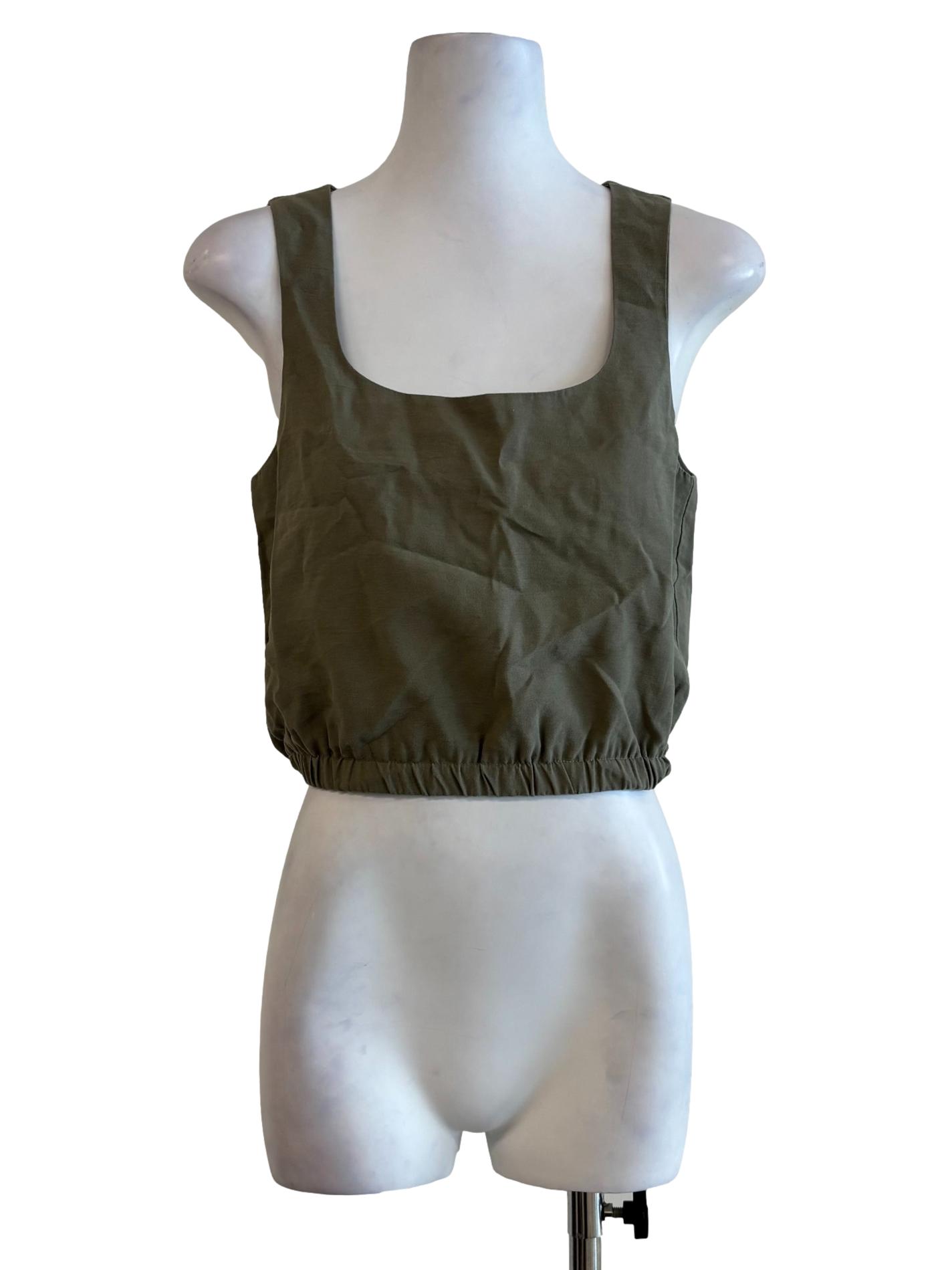 Moss Green Square Neck Elastic Waist Top