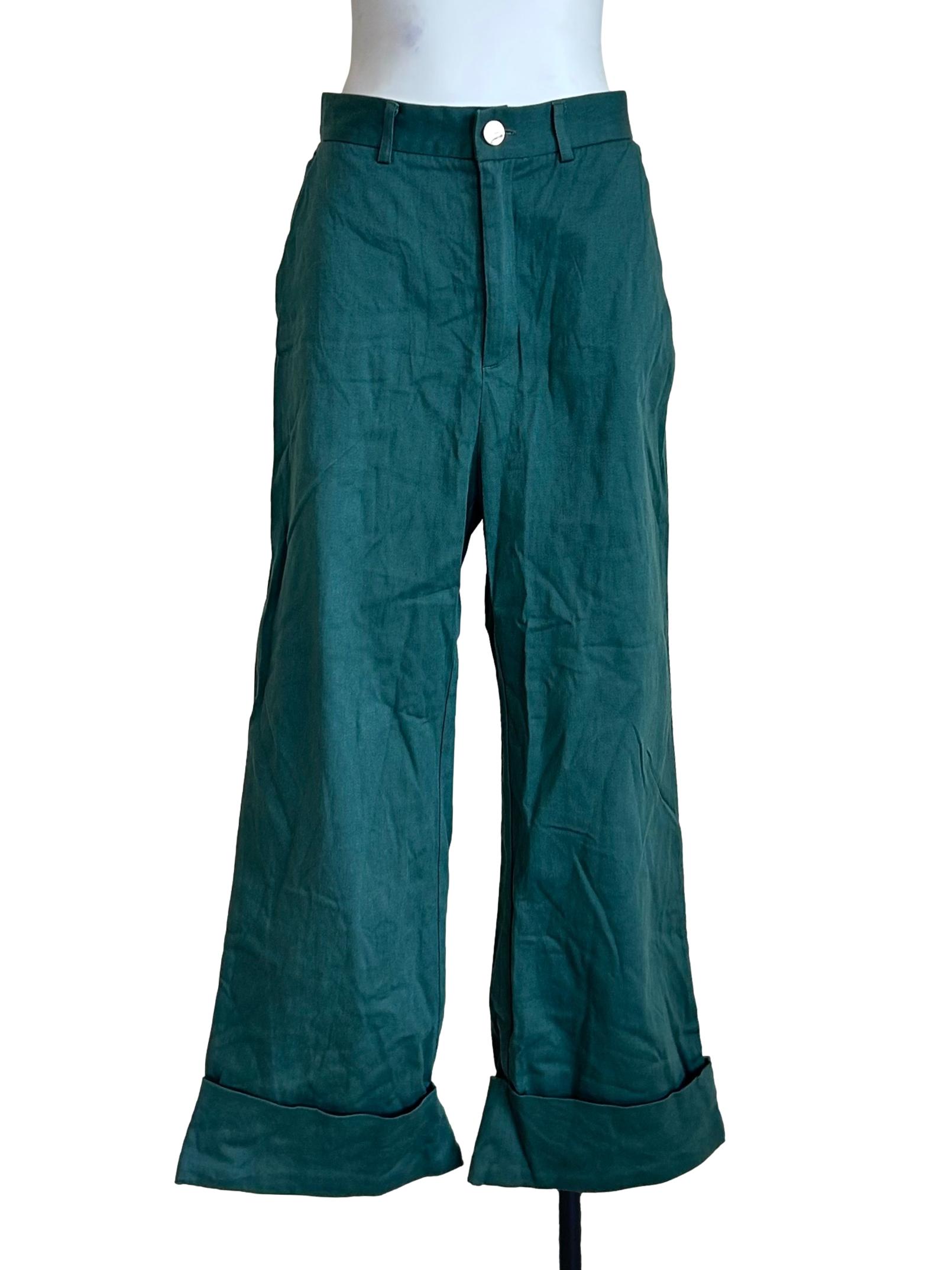Basil Green Wide-Leg Cuffed Trousers LB