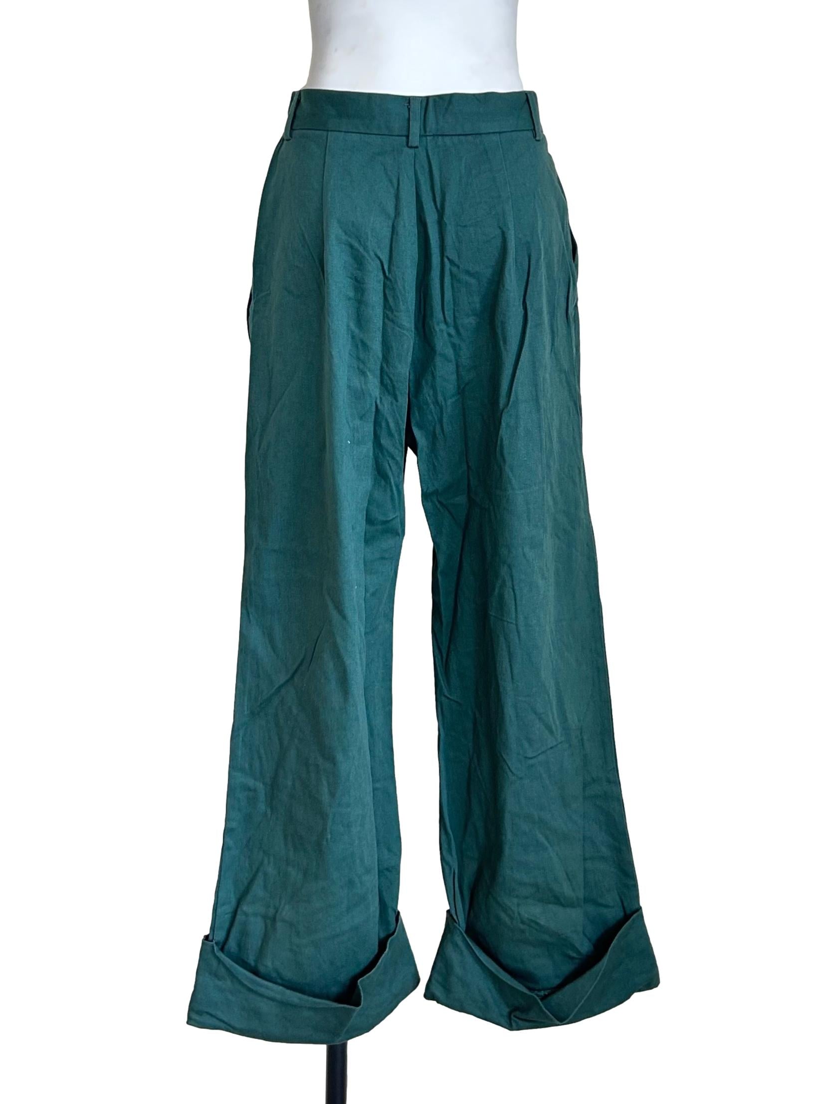 Basil Green Wide-Leg Cuffed Trousers LB