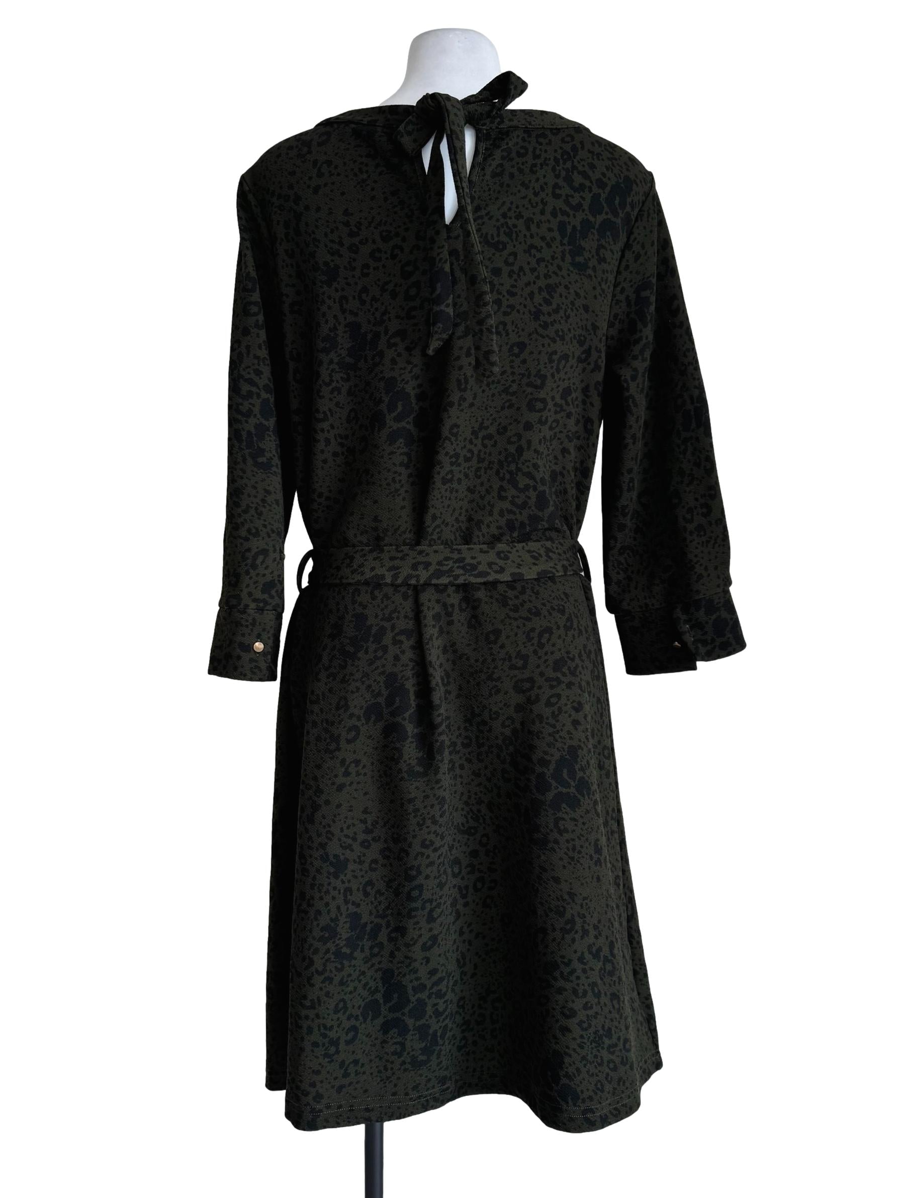 Moss Green Leopard Print Long Sleeve Dress