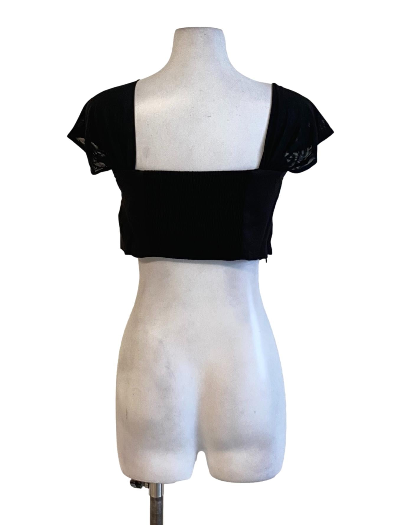 Rich Black Square Neck Petal Sleeve Waisted Cropped Top