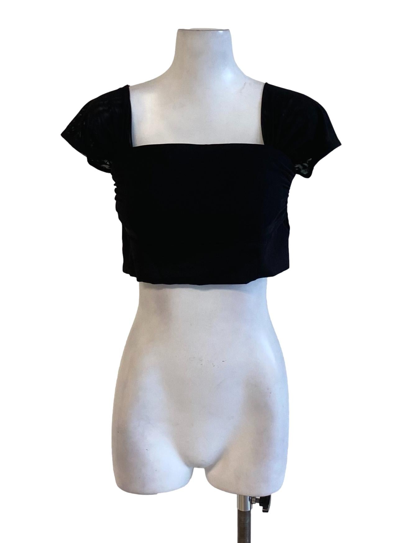 Rich Black Square Neck Petal Sleeve Waisted Cropped Top