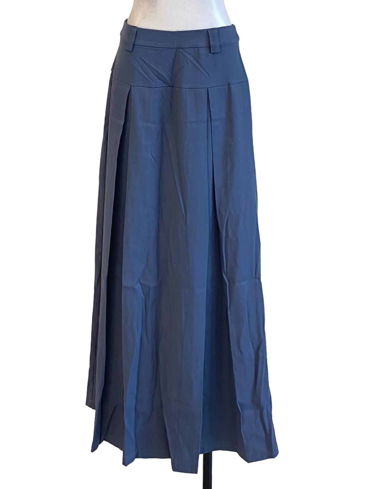 Dark Stone Blue Pleated Flowy Tailored Skirt YHF