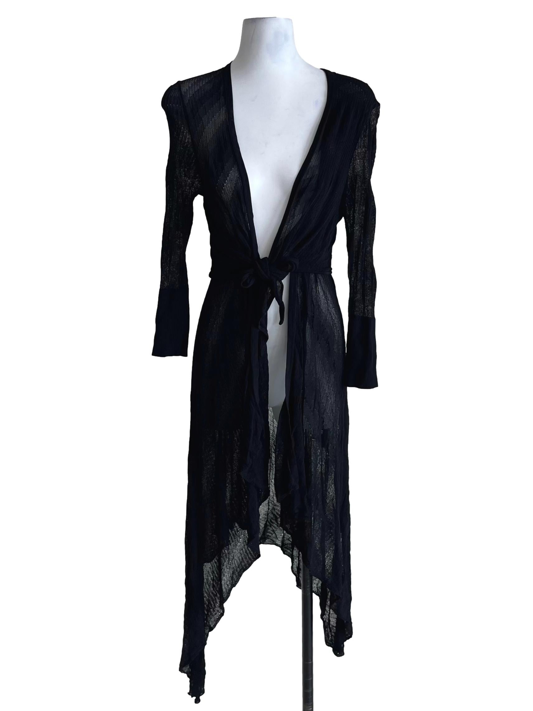 Black Sheer Front Tie Long Cardigan