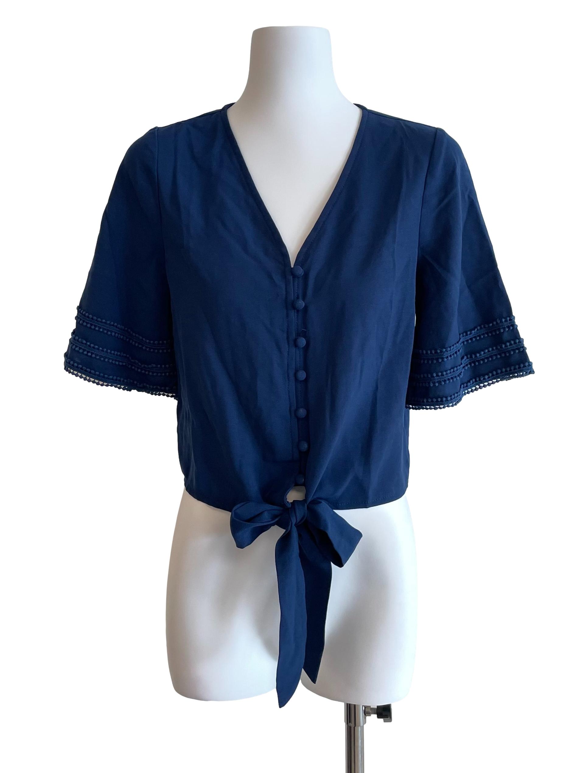 Navy Pompom Sleeves Top