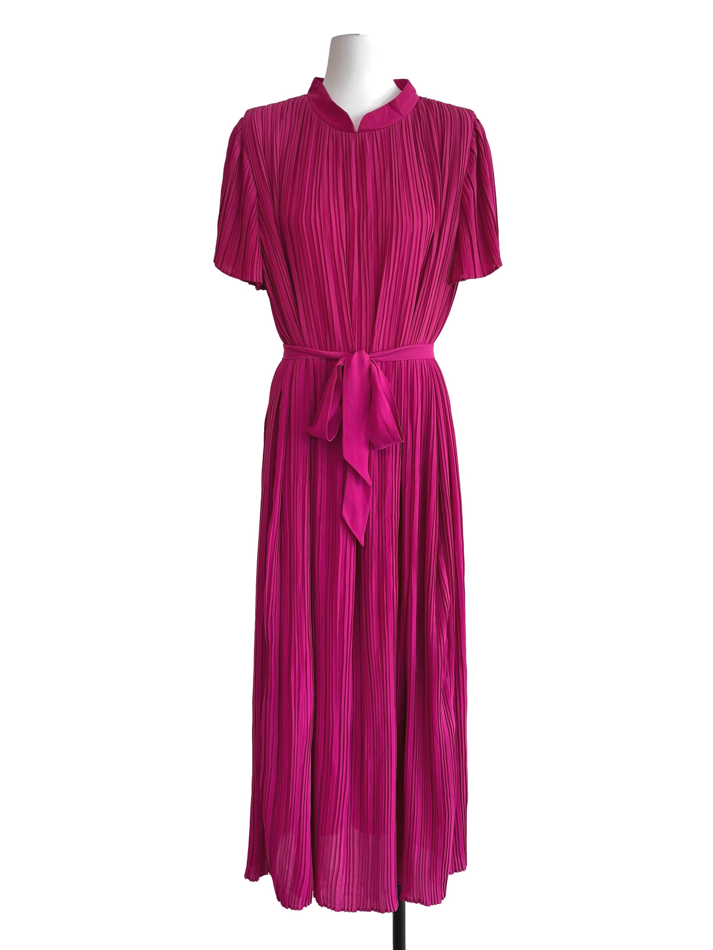 Hot Pink Pleats Belted Dress