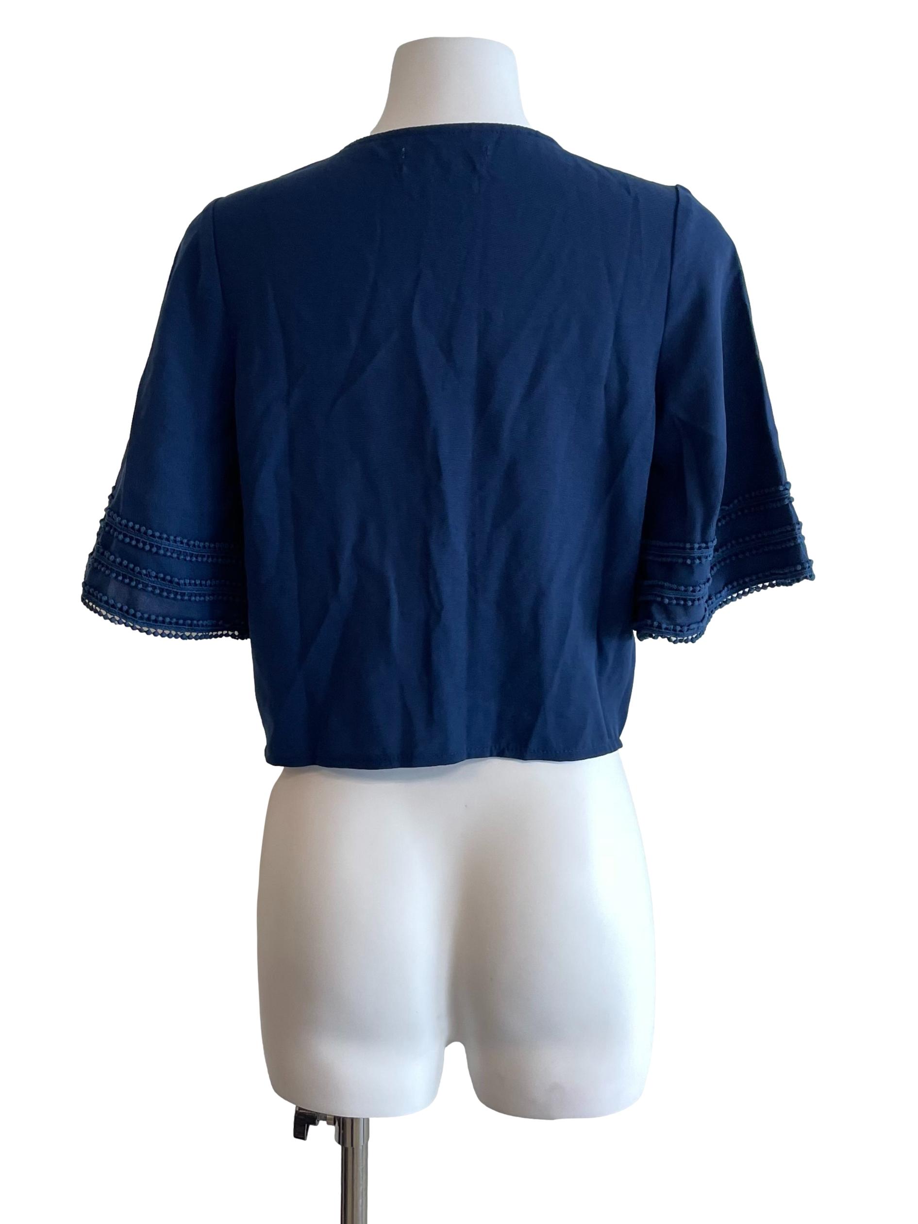 Navy Pompom Sleeves Top