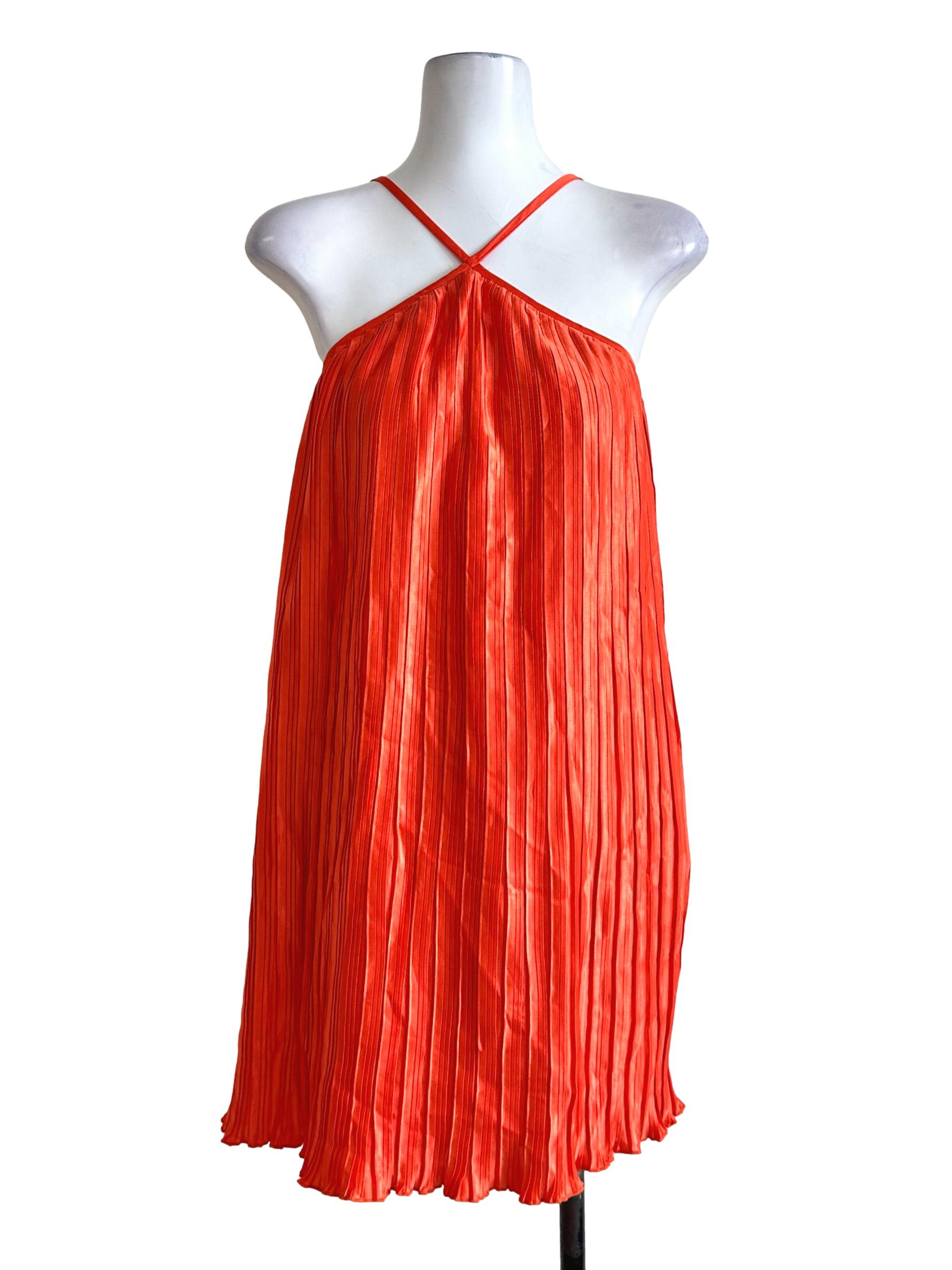 Orange Pleated Halter Strap Dress