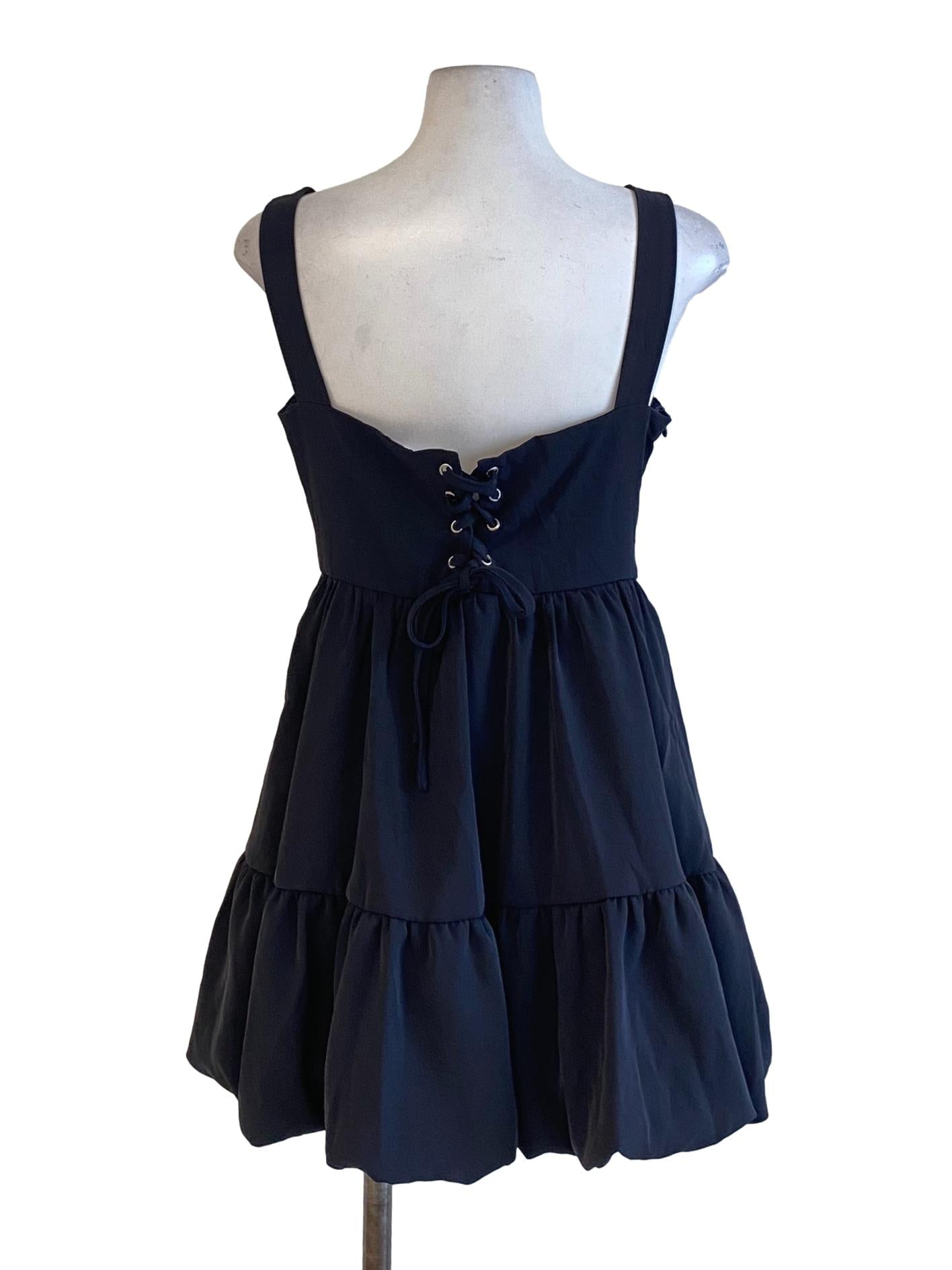 Midnight Blue Square Neck Back Tie Lace Layered Dress