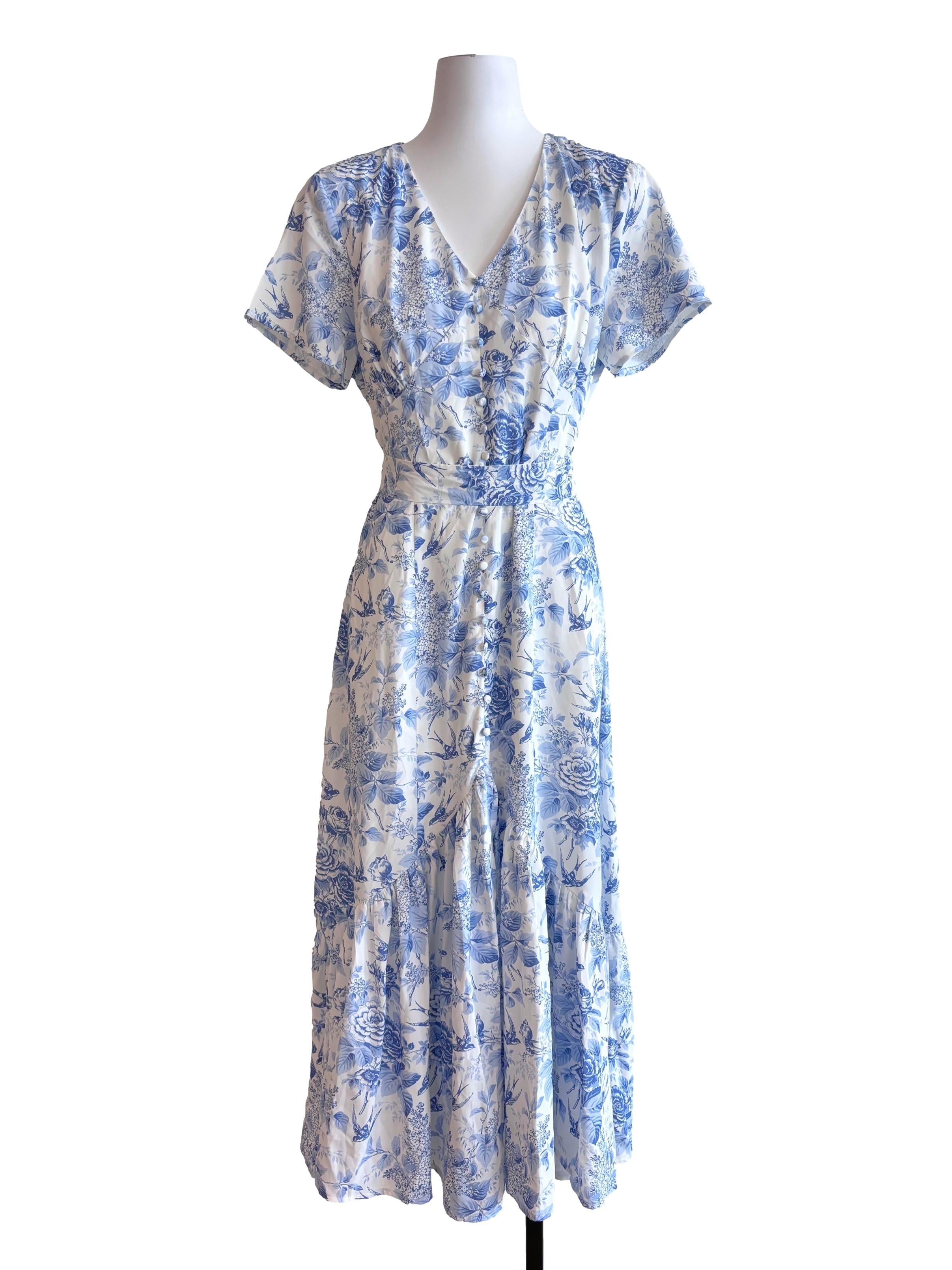 White Blue Prints Buttoned Dress