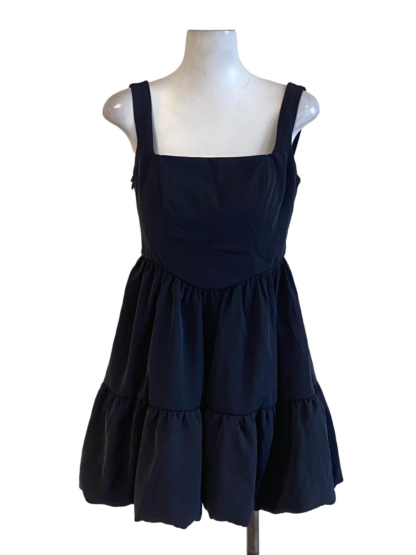 Midnight Blue Square Neck Back Tie Lace Layered Dress