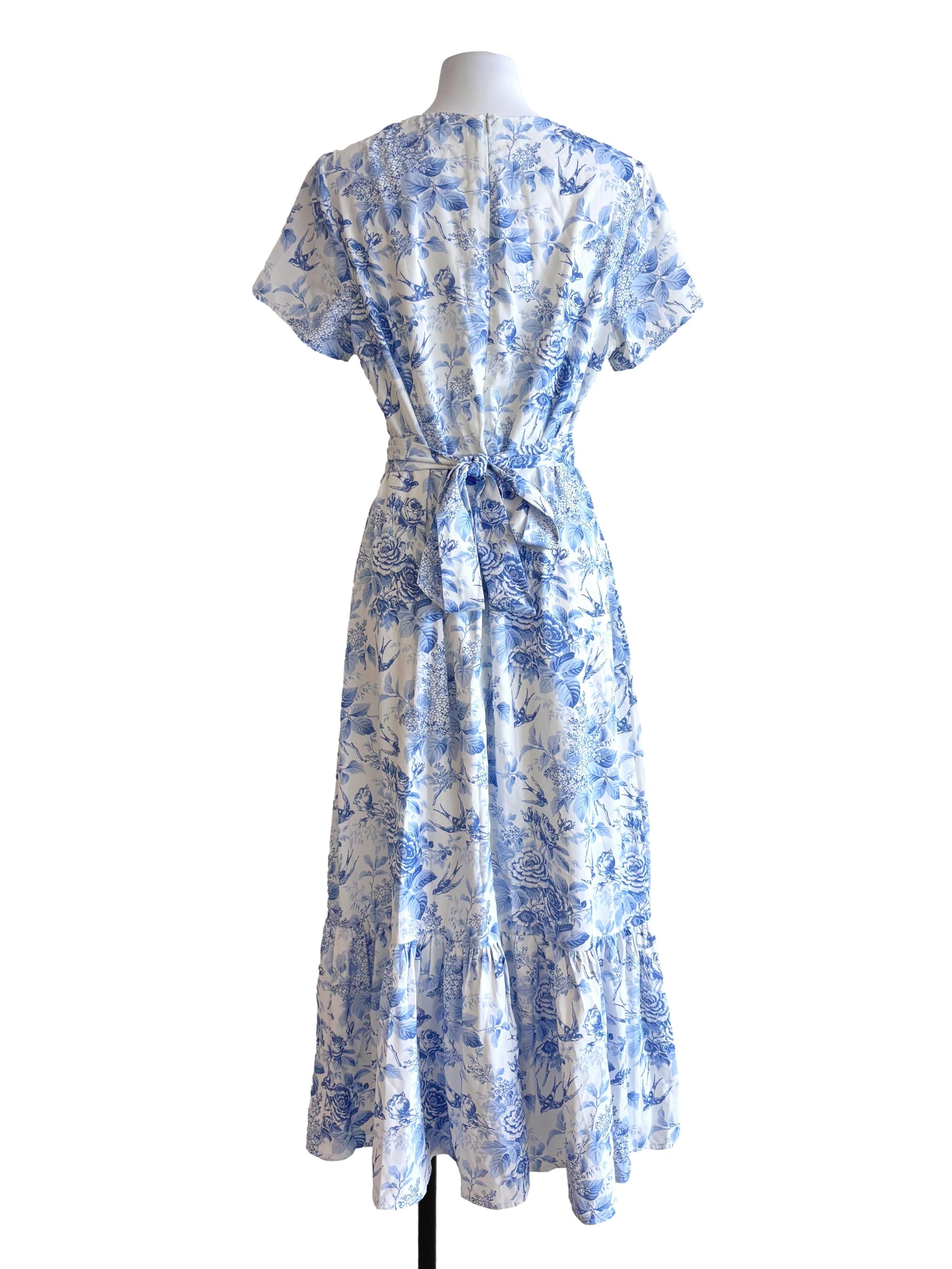 White Blue Prints Buttoned Dress