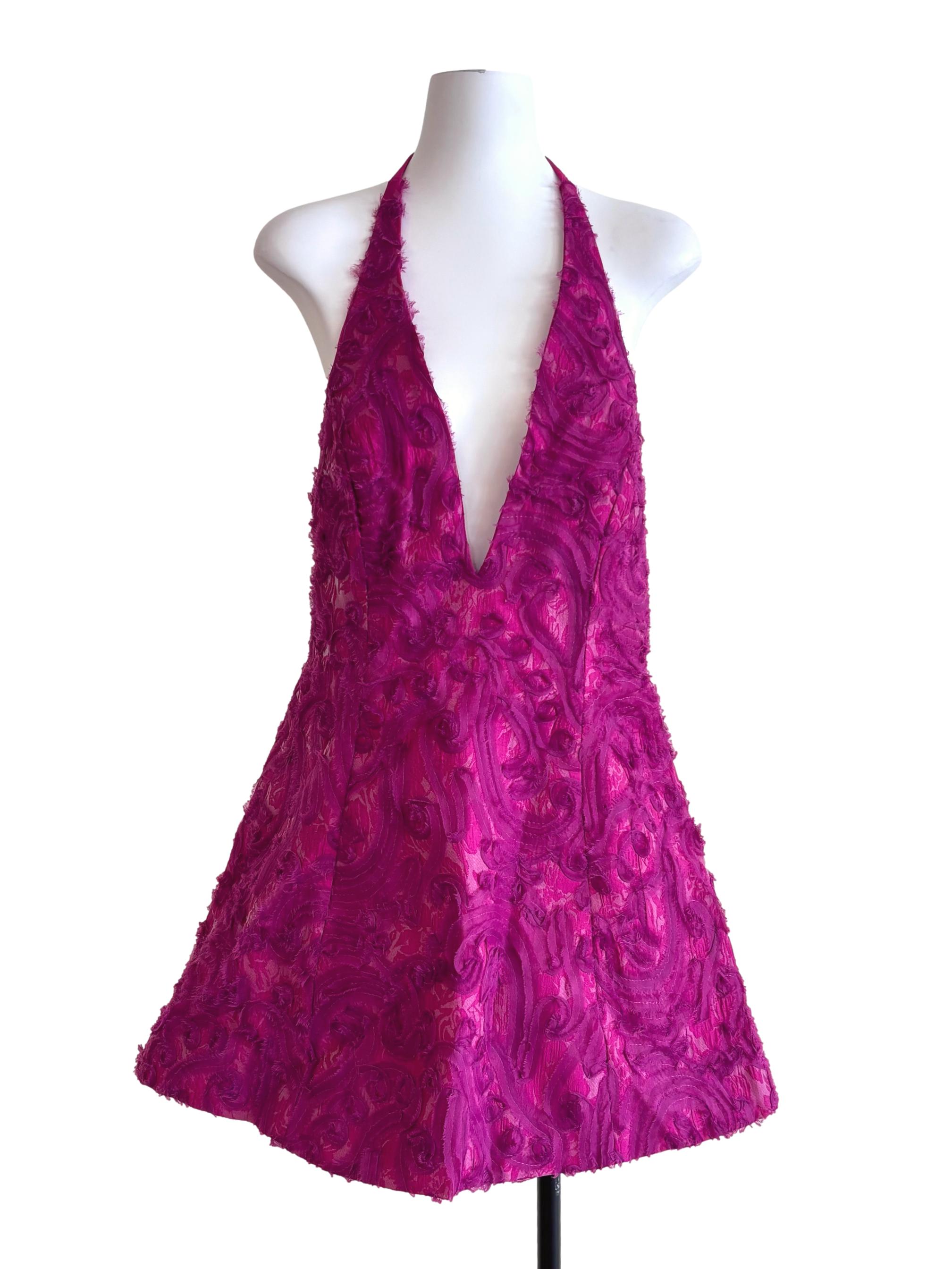 Dark Pink Exclusive Textured Halter Neck Plunge Detail Mini Dress