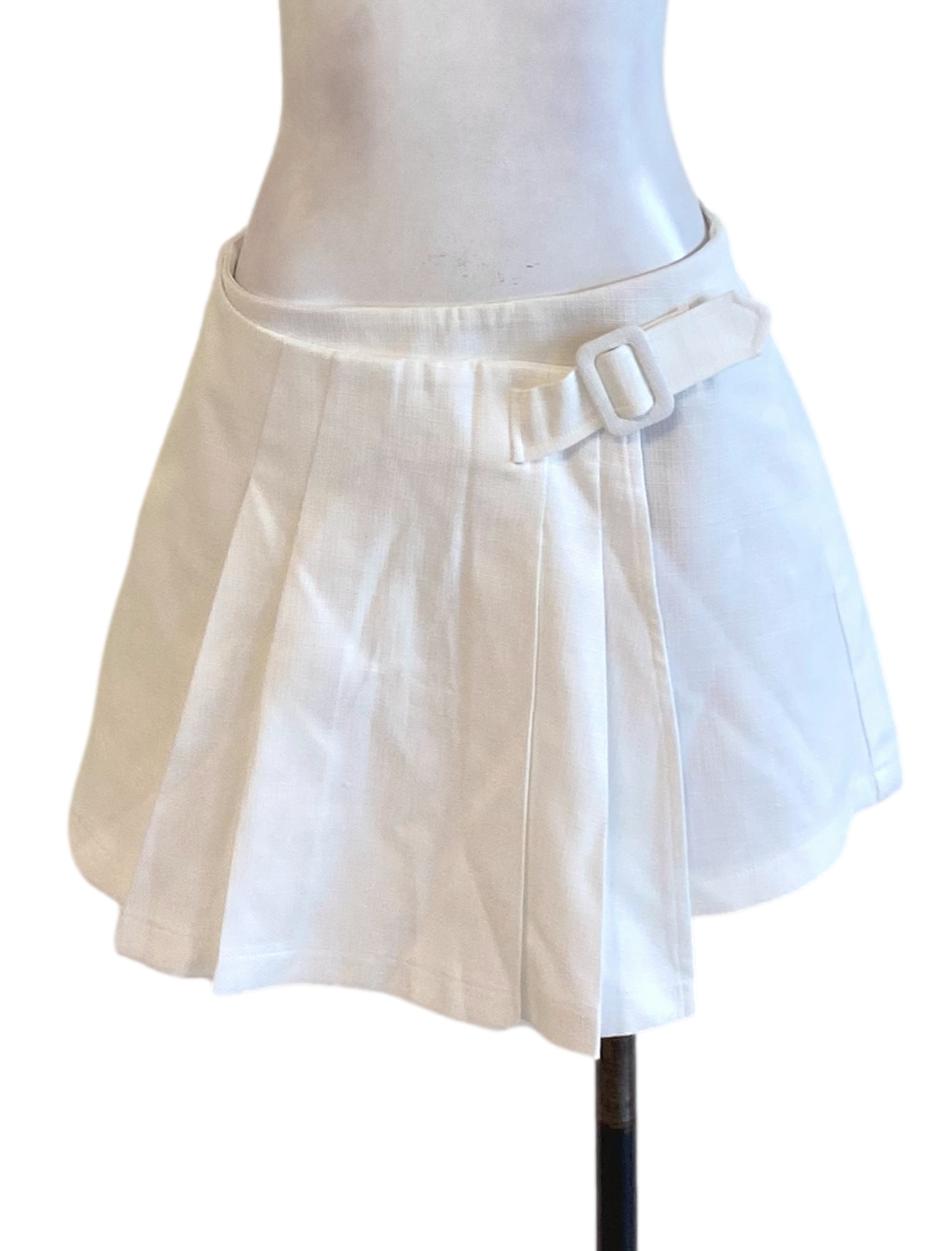 True White Box Pleated Belt Mini A-Line Skirt