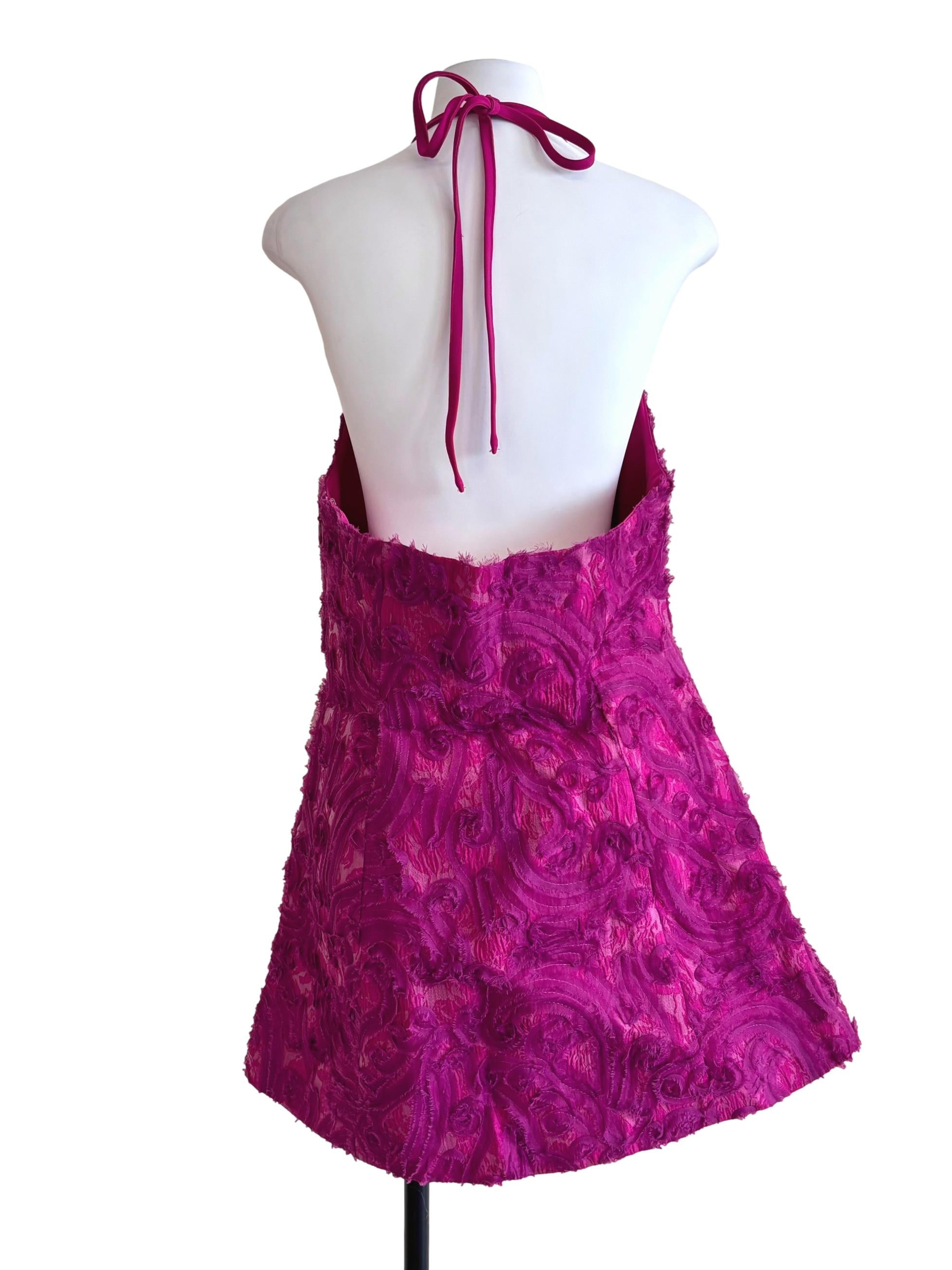 Dark Pink Exclusive Textured Halter Neck Plunge Detail Mini Dress