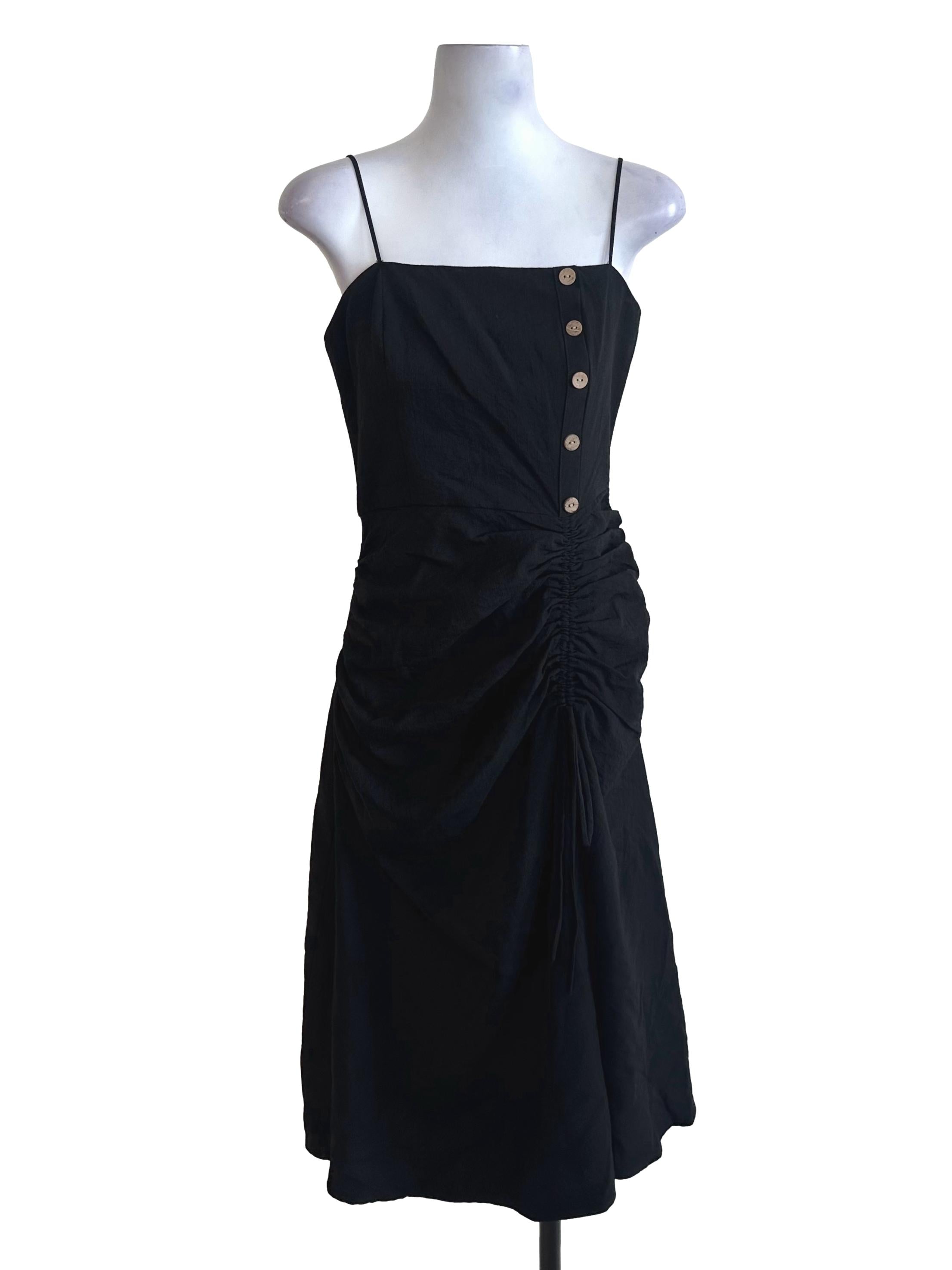 Onyx Black Square Neck Side Ruched Button Dress