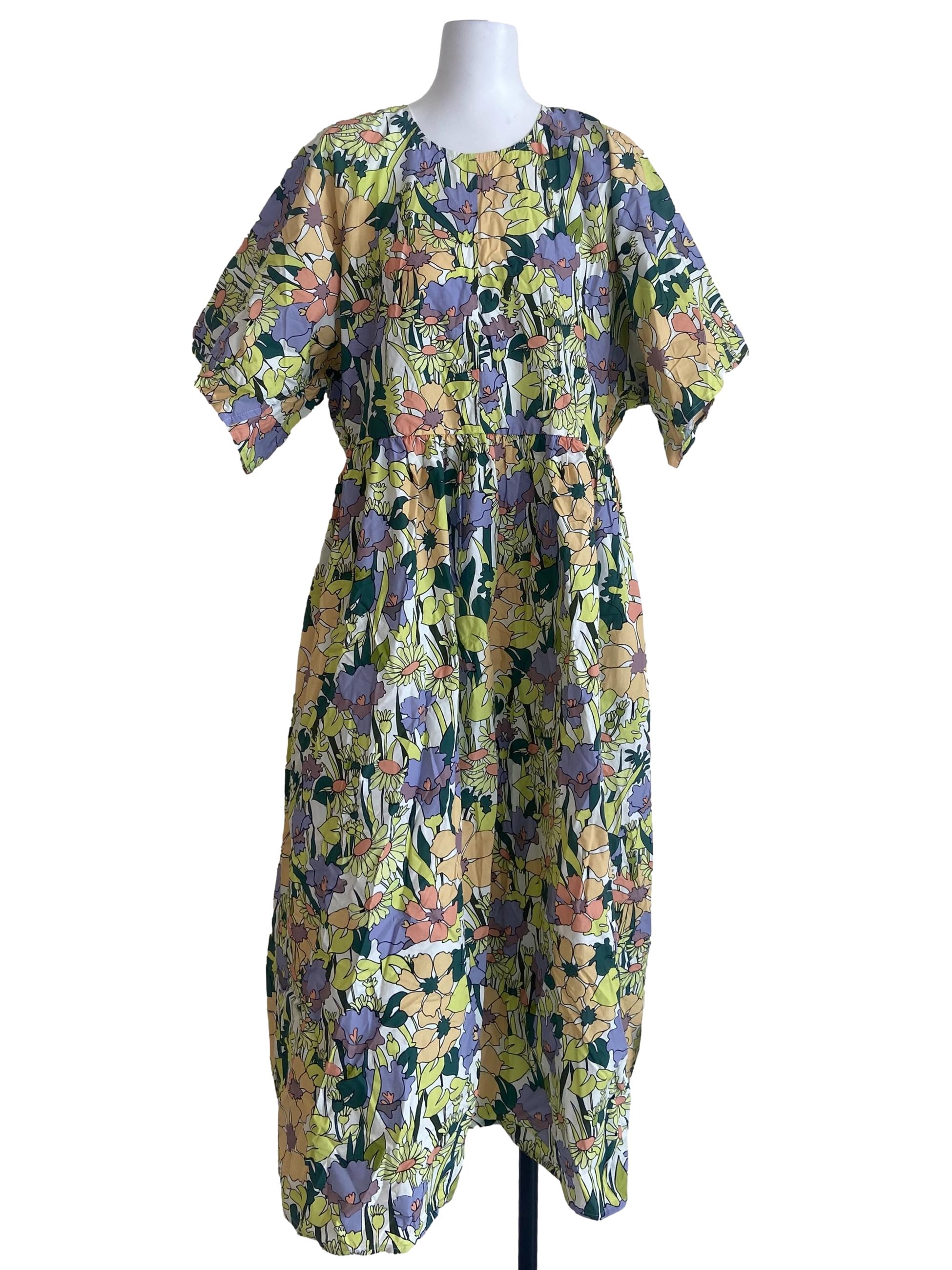 White & Green Floral Batwing Sleeve A-Line Dress