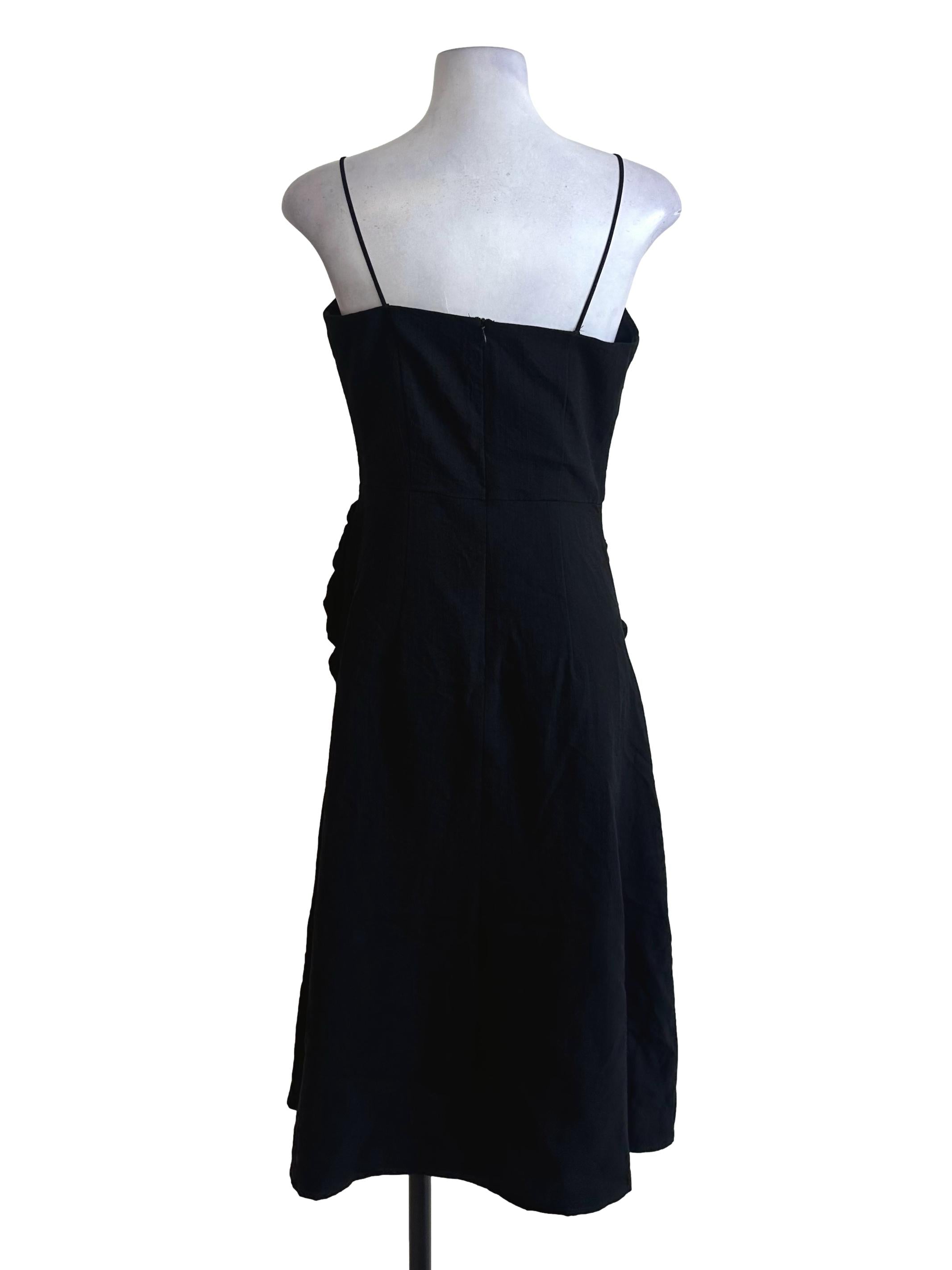 Onyx Black Square Neck Side Ruched Button Dress