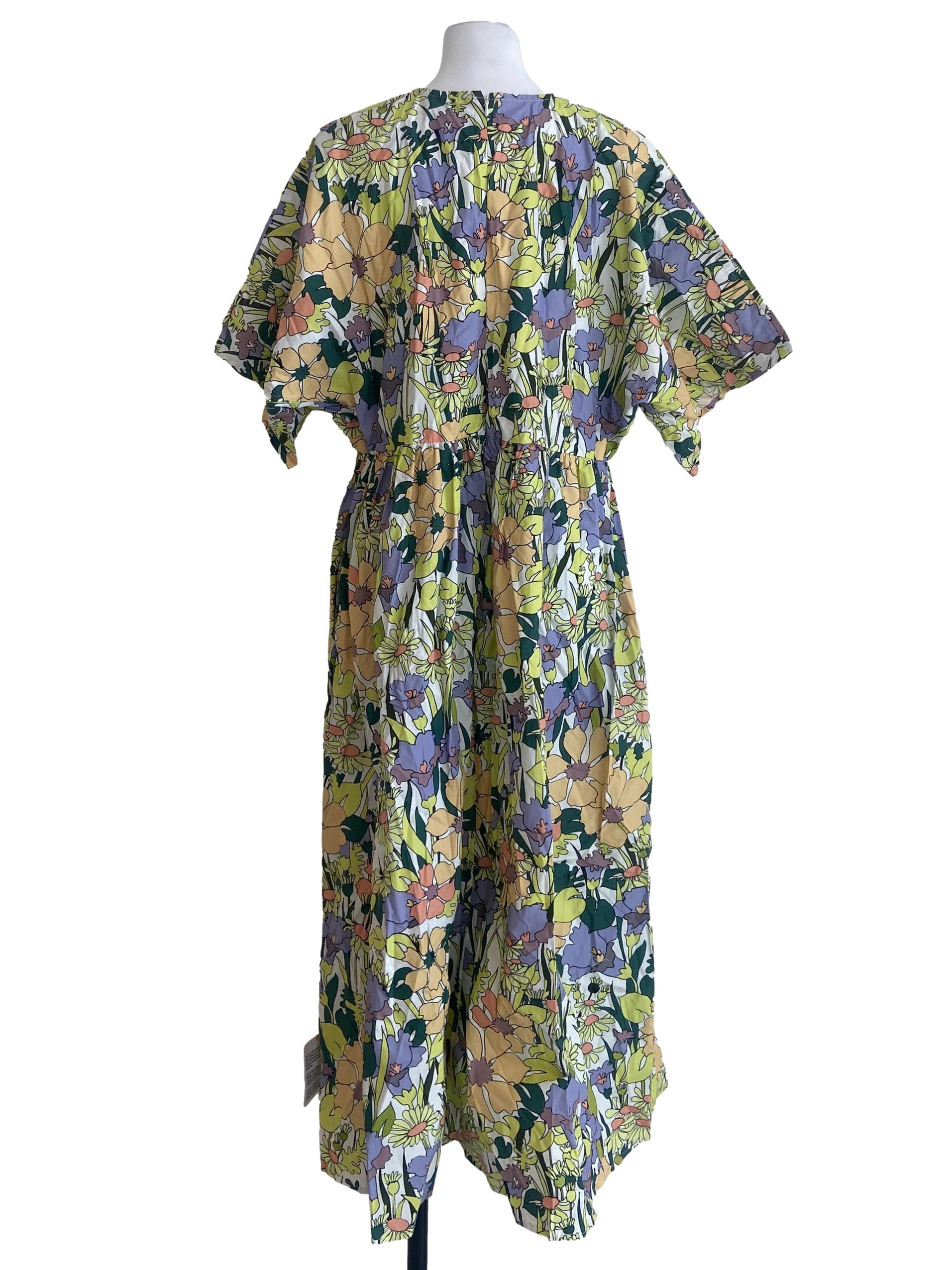 White & Green Floral Batwing Sleeve A-Line Dress