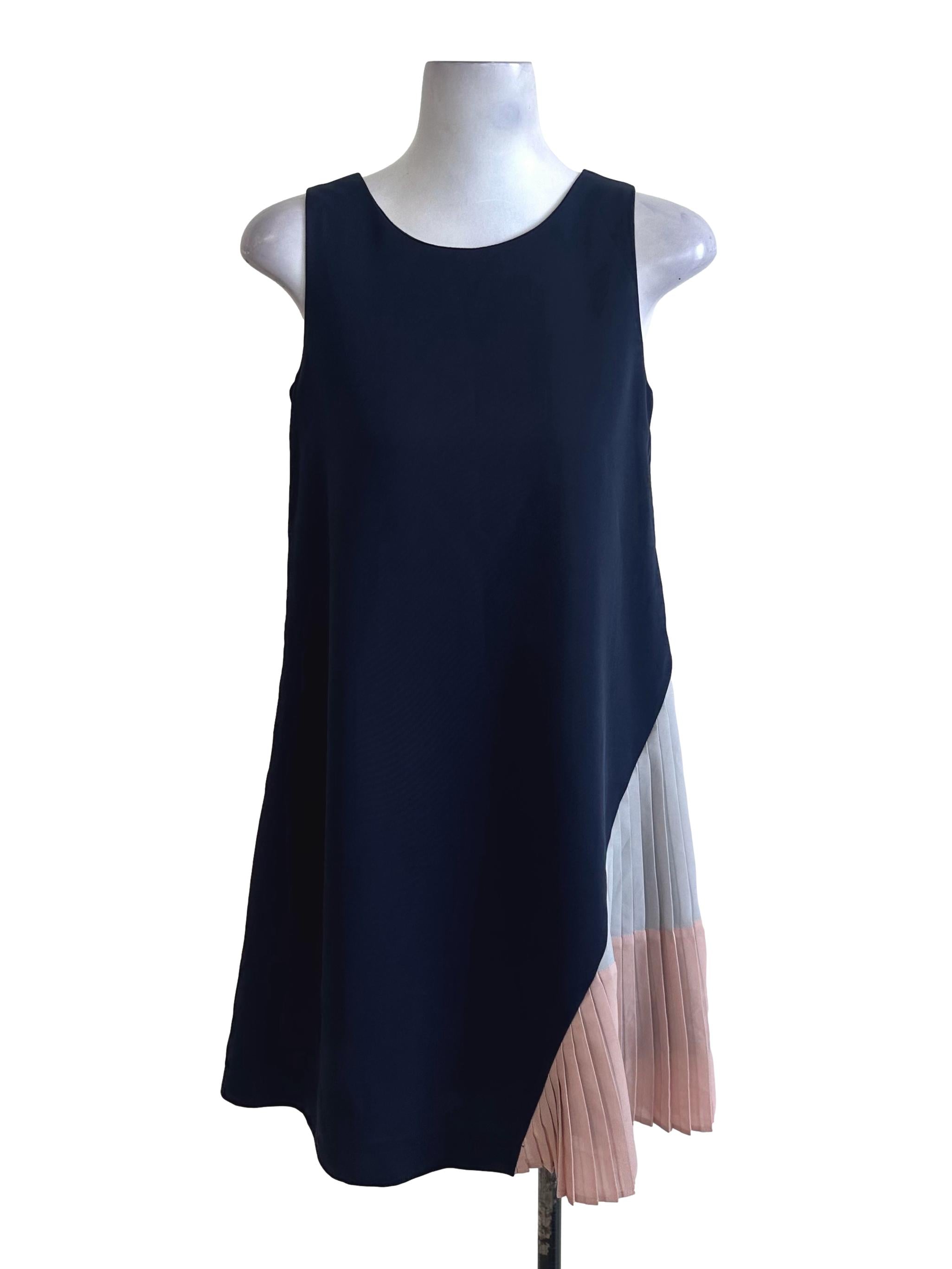Navy Blue Two Tone Side Pleated Round Neck Dress