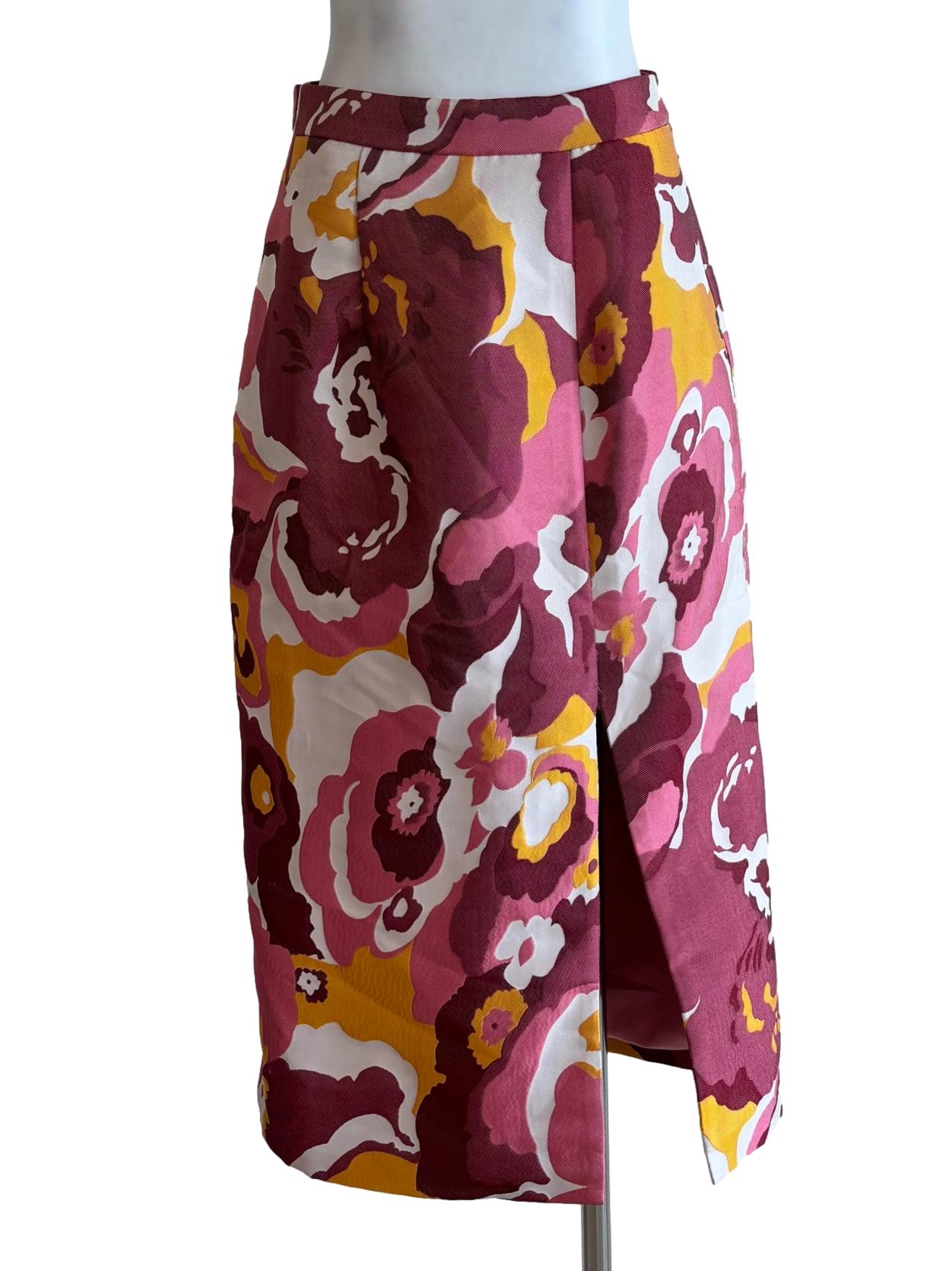 Ruby And Yellow Floral Jacquard Midi Skirt