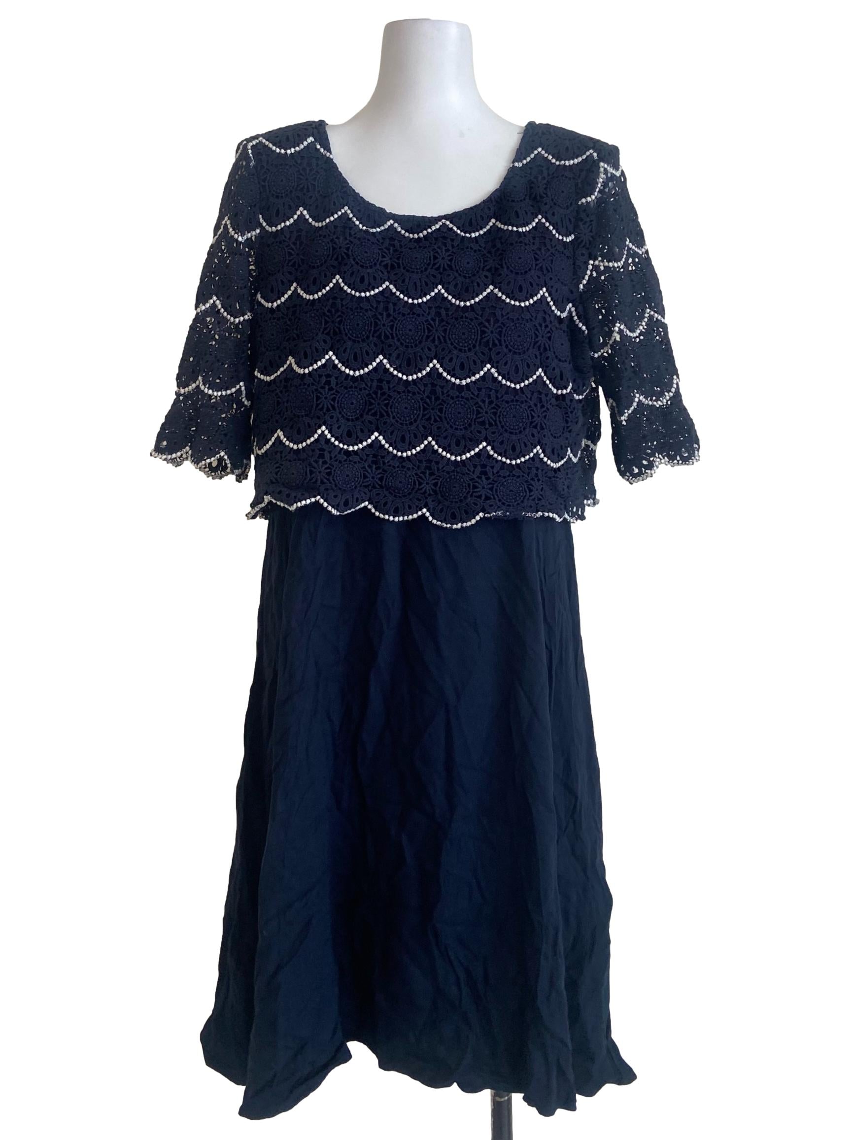 Navy Blue Floral Lace Neck A-Line Dress