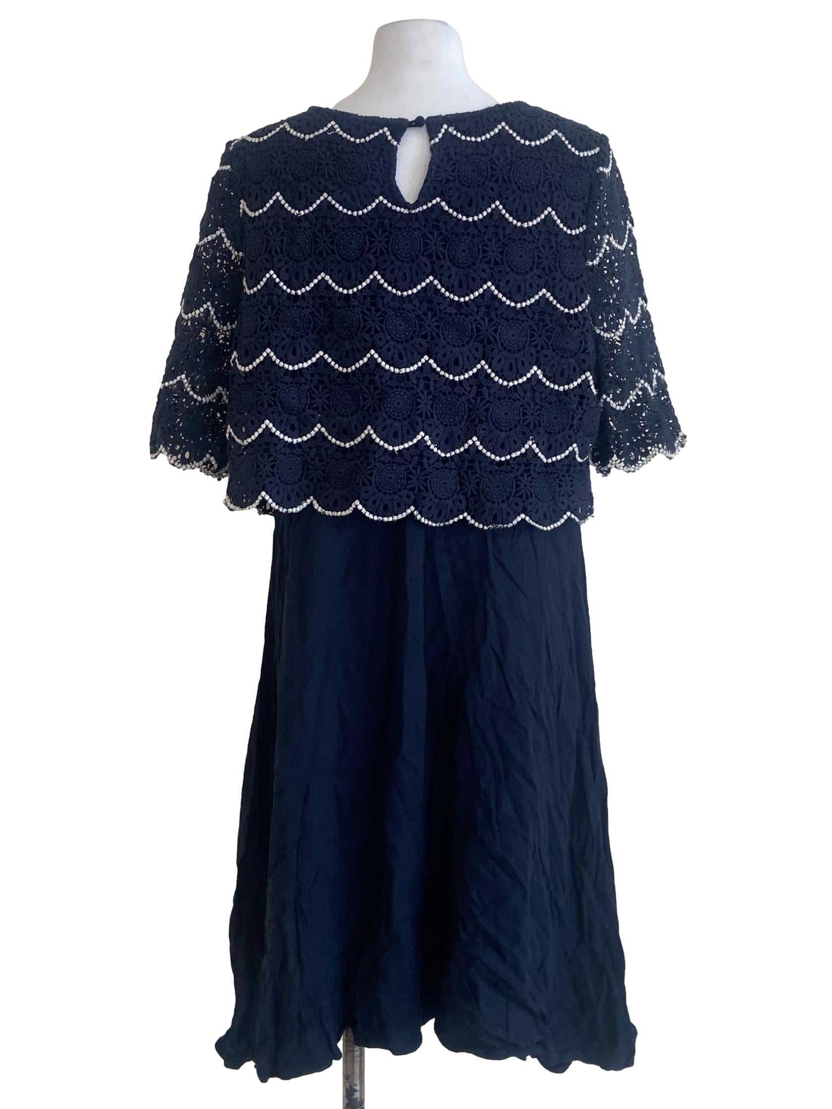 Navy Blue Floral Lace Neck A-Line Dress