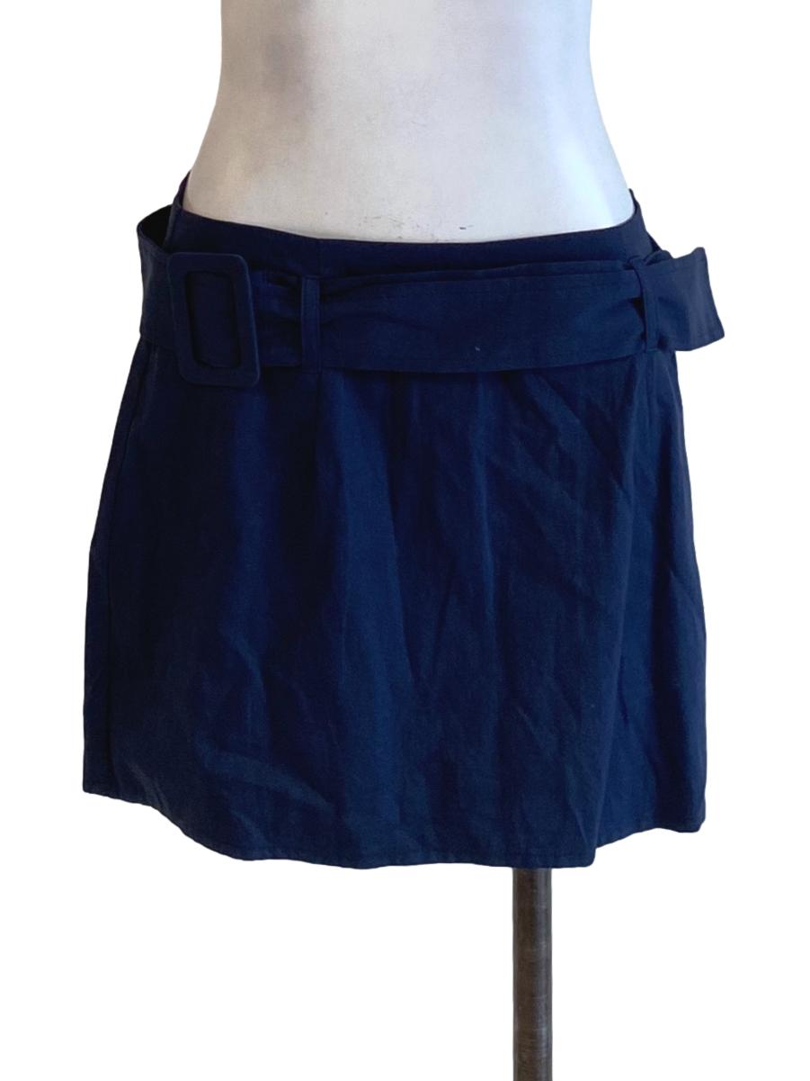 Navy Blue Buckle Waist Mini Flowy Skirt YHF