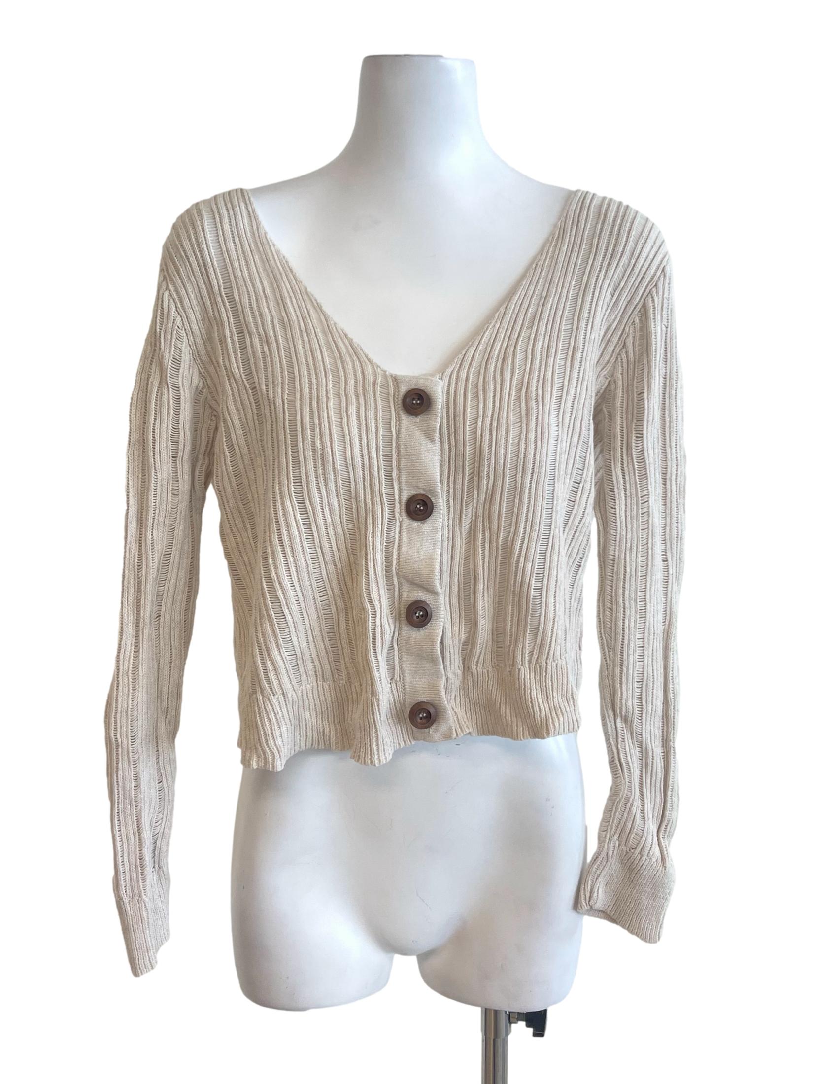 Cream Fishbone Knitted V Neck Cardigan LB