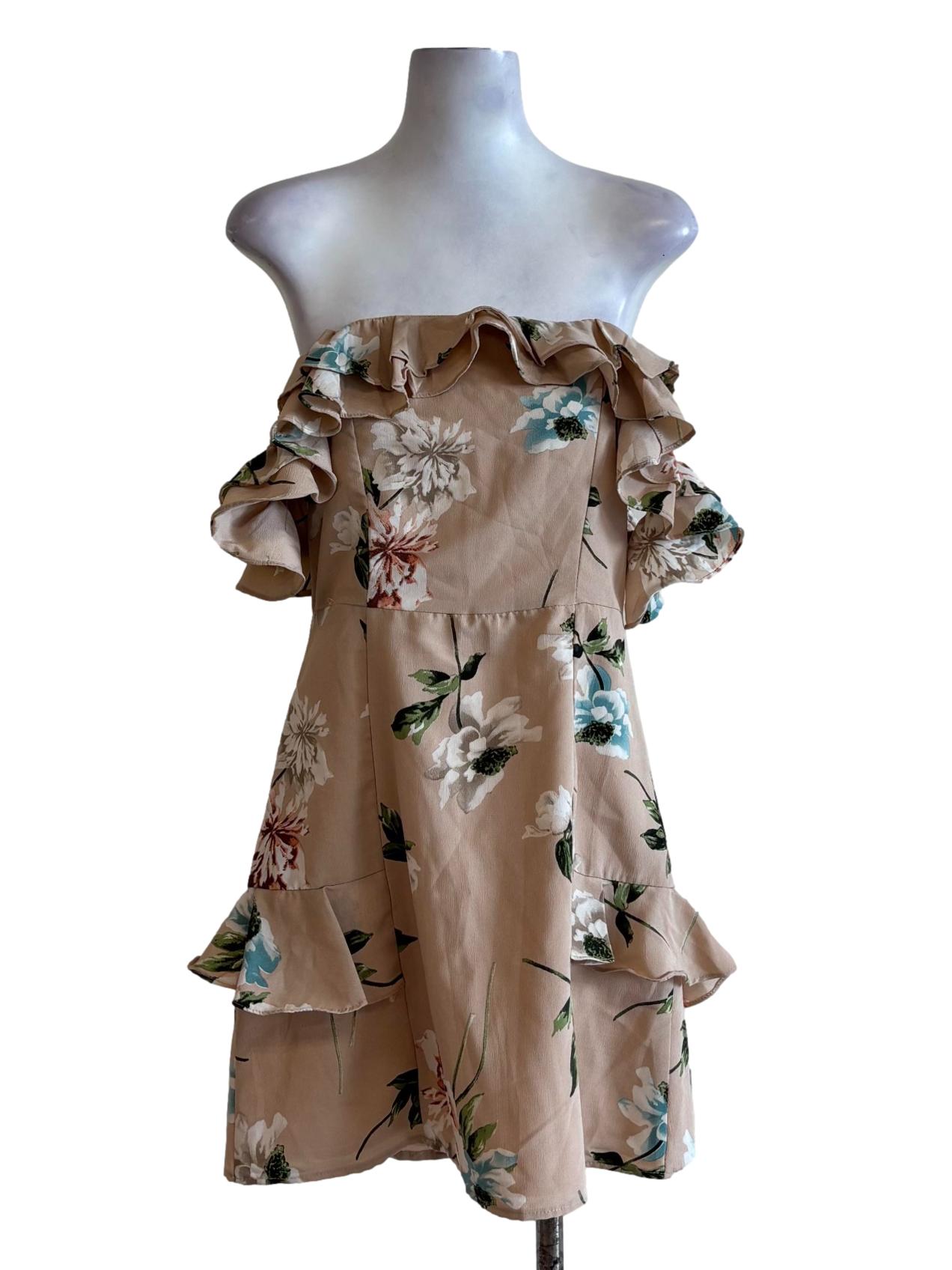 Champagne Brown Off Shoulder Floral Dress